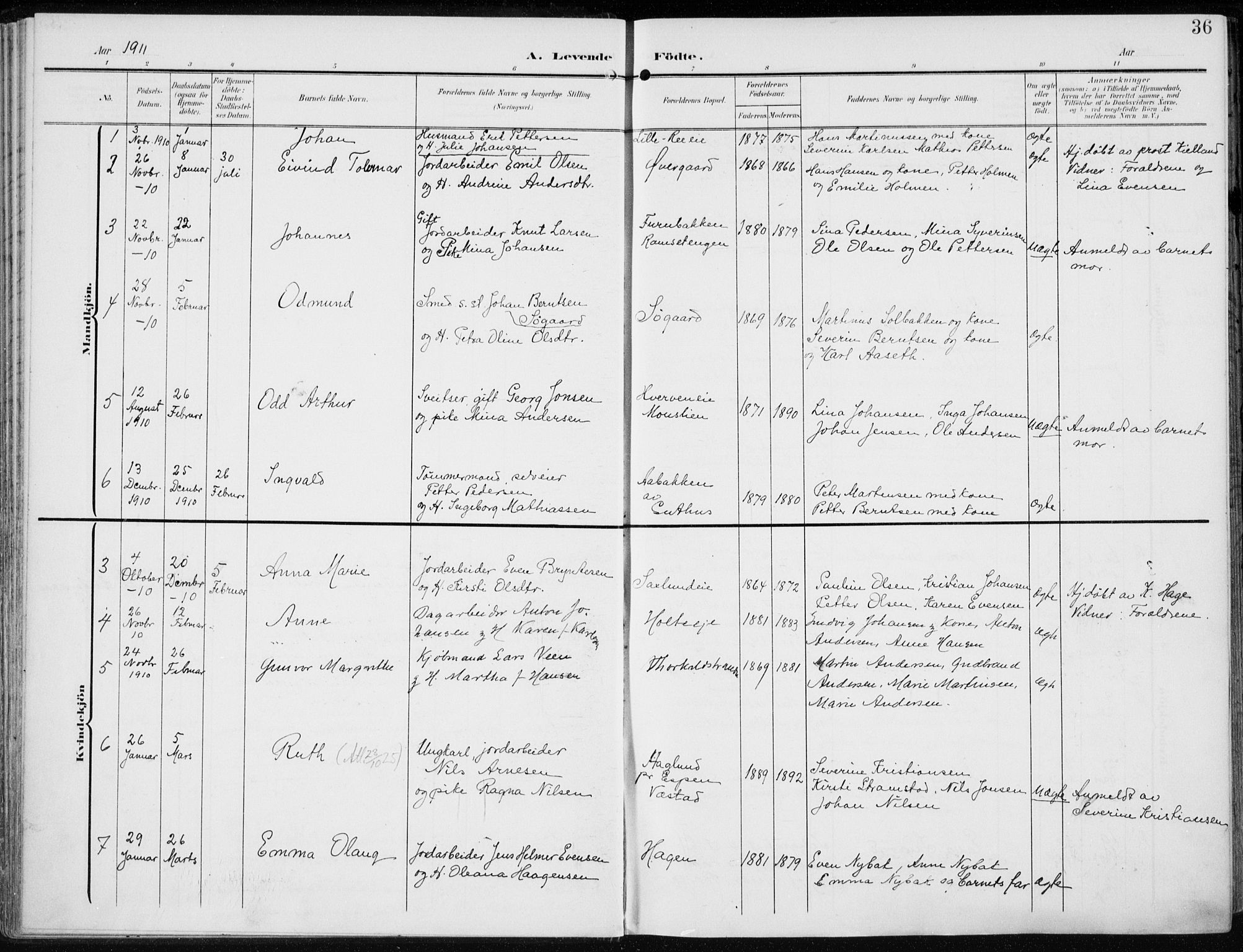 Stange prestekontor, AV/SAH-PREST-002/K/L0024: Parish register (official) no. 24, 1906-1922, p. 36