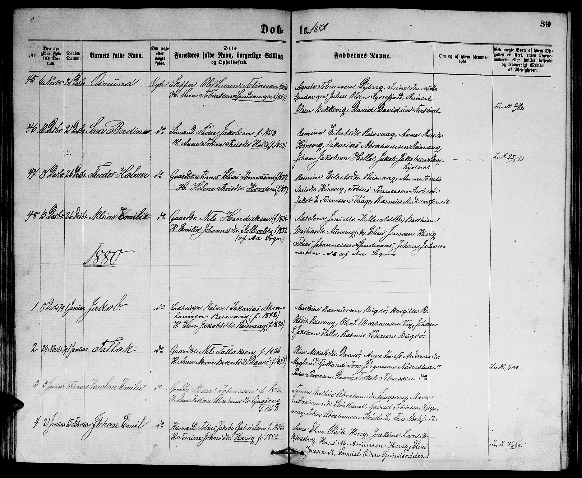 Herad sokneprestkontor, AV/SAK-1111-0018/F/Fb/Fbb/L0003: Parish register (copy) no. B 3, 1872-1889, p. 39