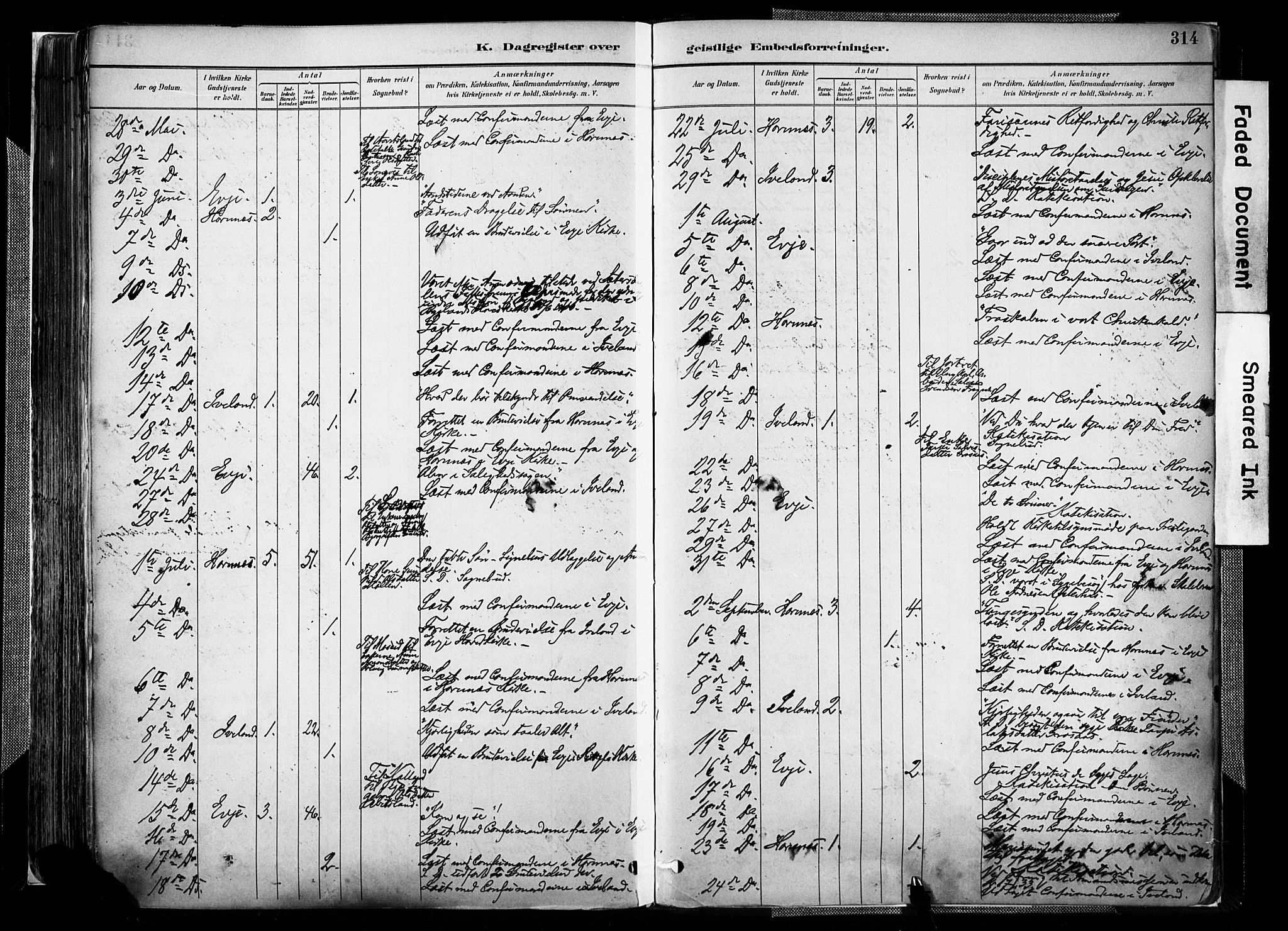 Evje sokneprestkontor, AV/SAK-1111-0008/F/Fa/Faa/L0007: Parish register (official) no. A 7, 1884-1909, p. 314