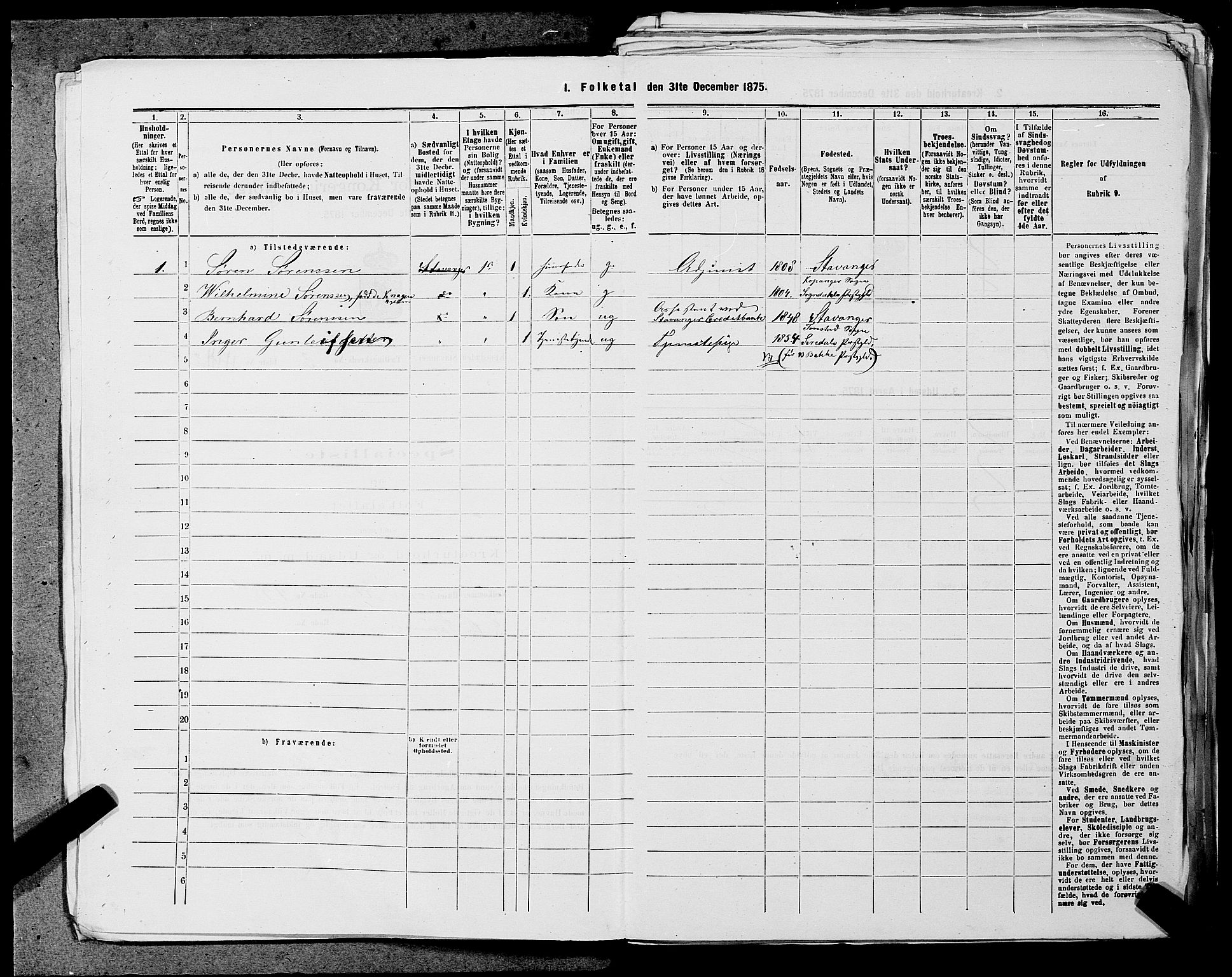 SAST, 1875 census for 1103 Stavanger, 1875, p. 431