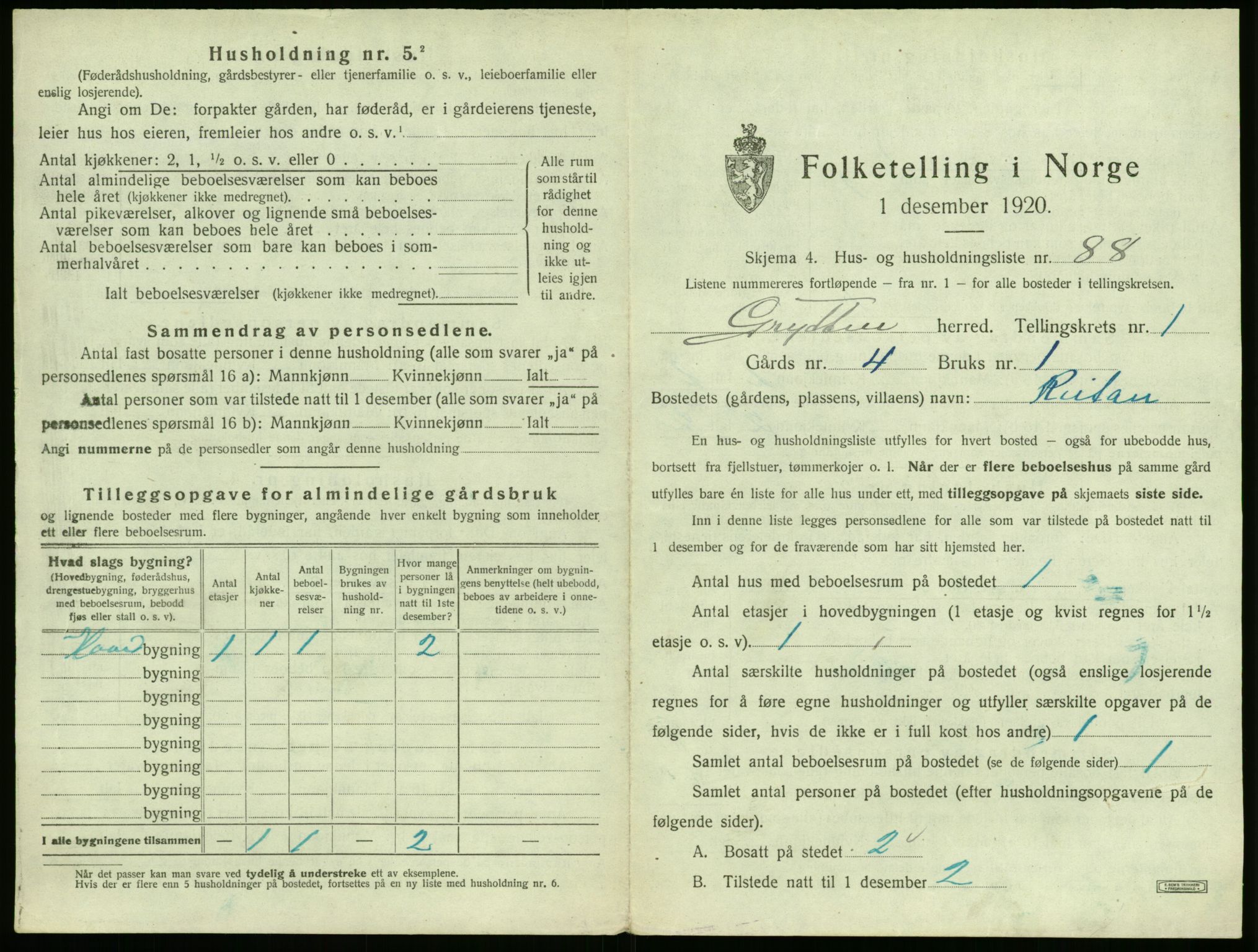 SAT, 1920 census for Grytten, 1920, p. 208