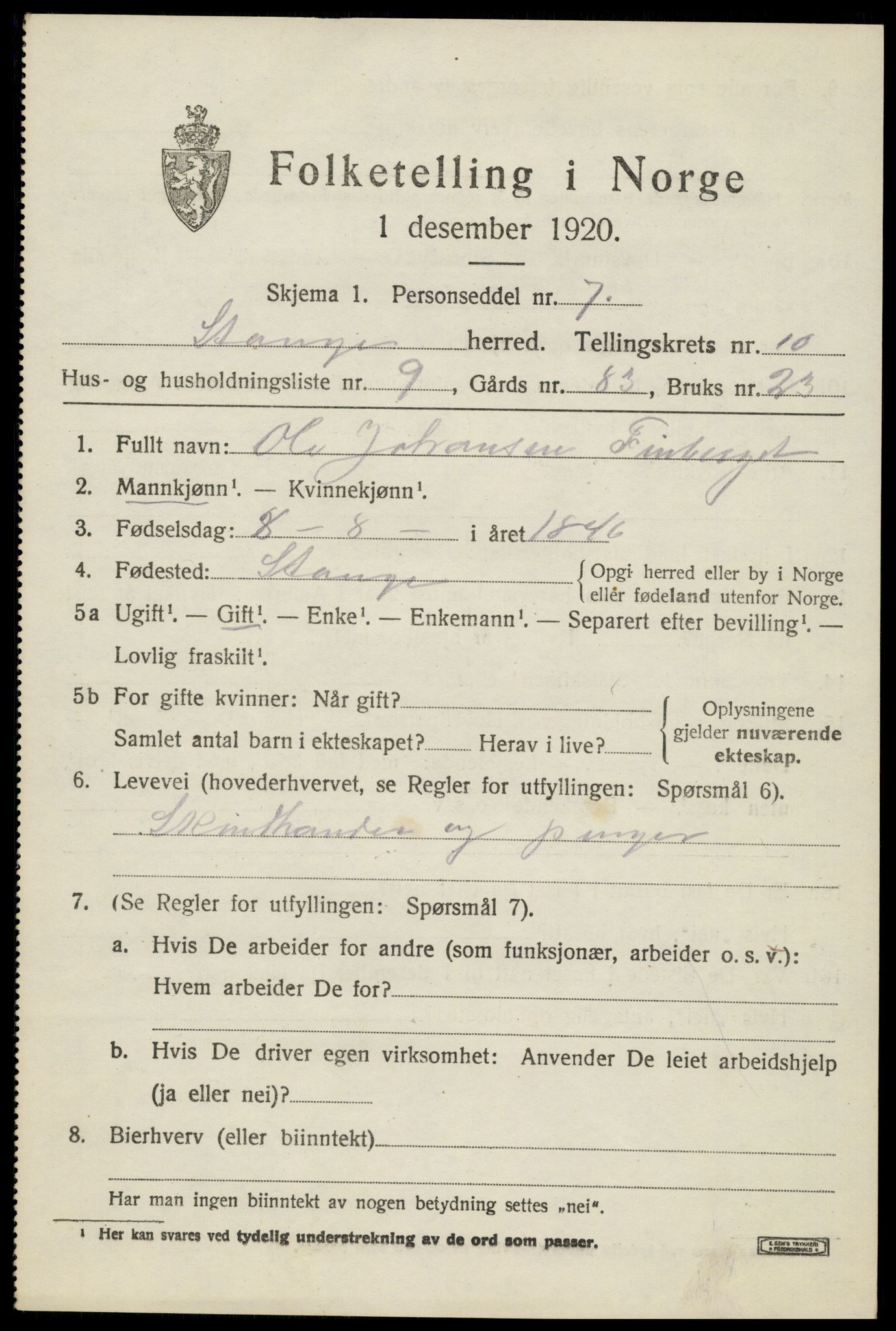 SAH, 1920 census for Stange, 1920, p. 15967