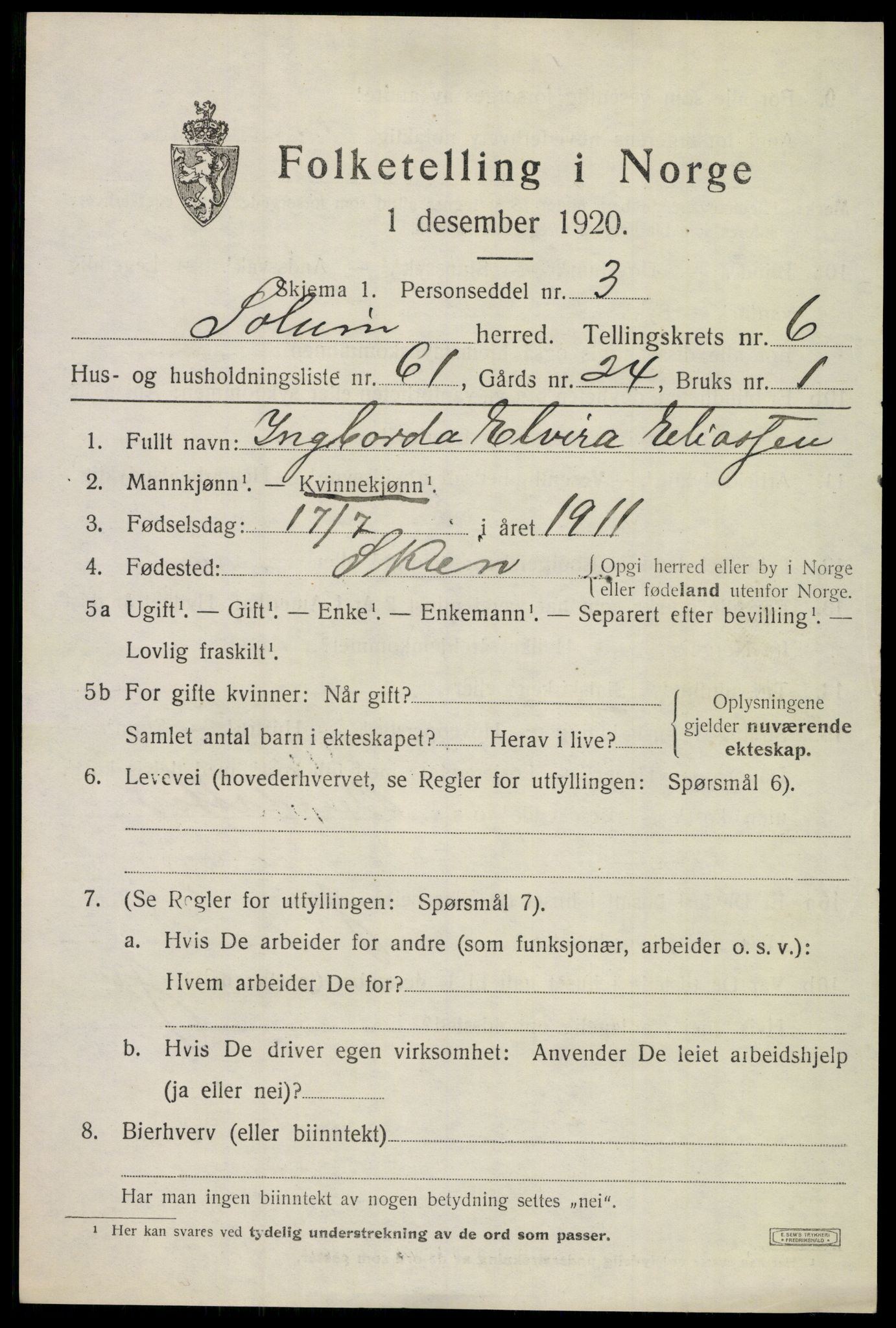 SAKO, 1920 census for Solum, 1920, p. 13822