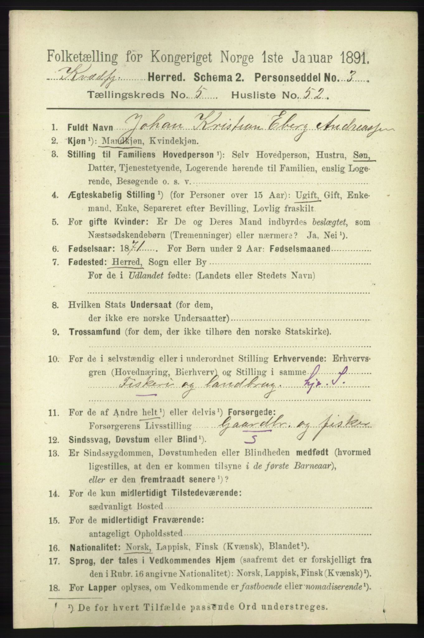 RA, 1891 census for 1911 Kvæfjord, 1891, p. 3163