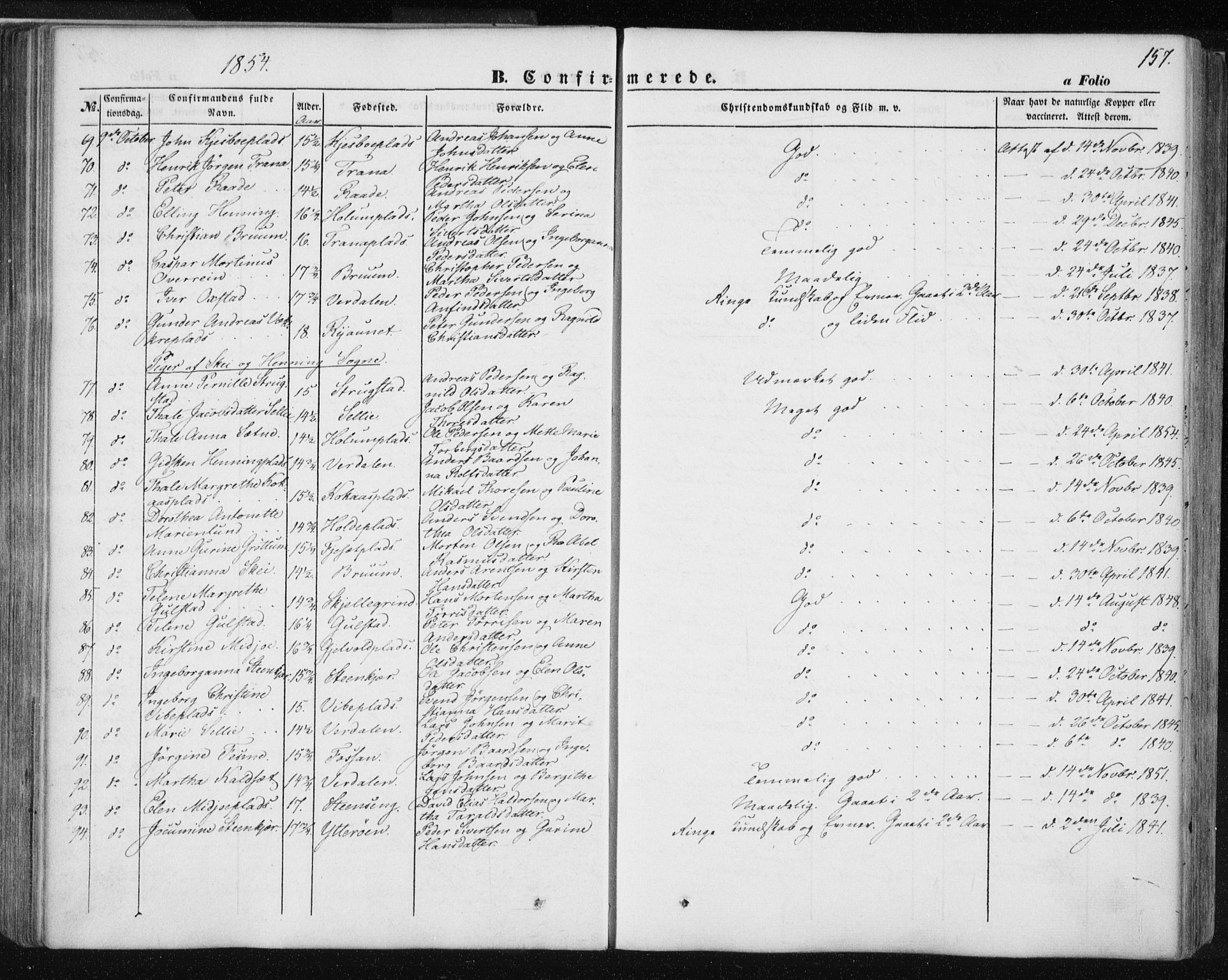 Ministerialprotokoller, klokkerbøker og fødselsregistre - Nord-Trøndelag, AV/SAT-A-1458/735/L0342: Parish register (official) no. 735A07 /1, 1849-1862, p. 157