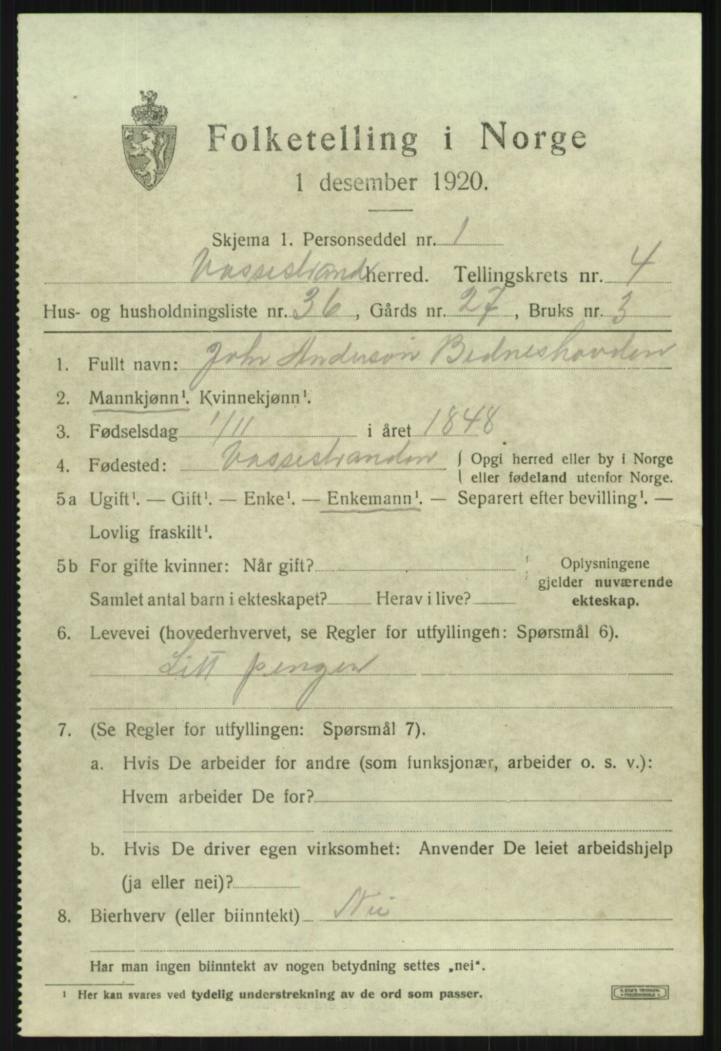 SAB, 1920 census for Vossestrand, 1920, p. 2368