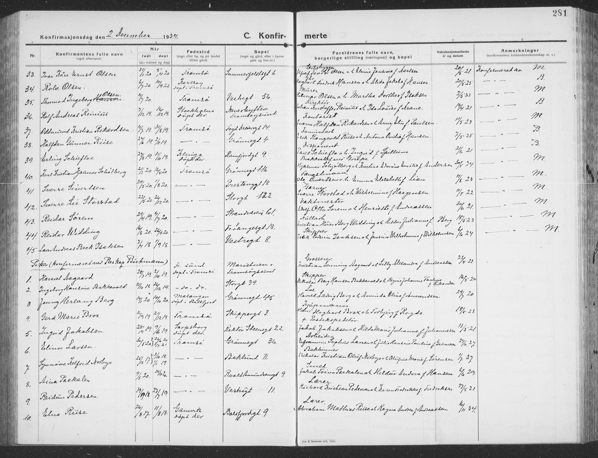 Tromsø sokneprestkontor/stiftsprosti/domprosti, AV/SATØ-S-1343/G/Gb/L0010klokker: Parish register (copy) no. 10, 1925-1937, p. 281