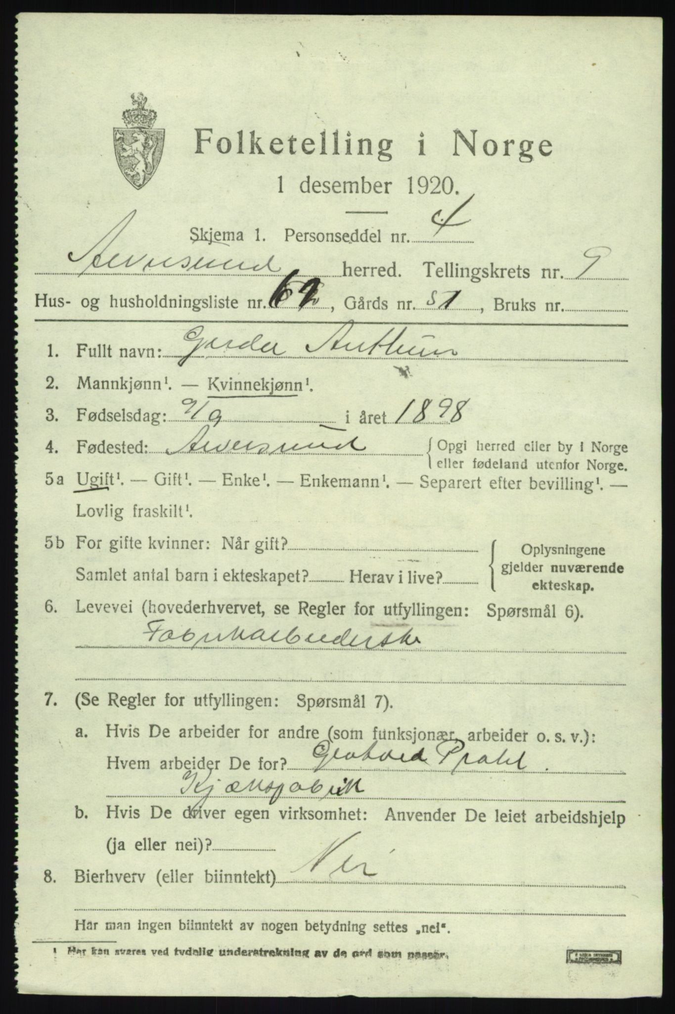 SAB, 1920 census for Alversund, 1920, p. 6230