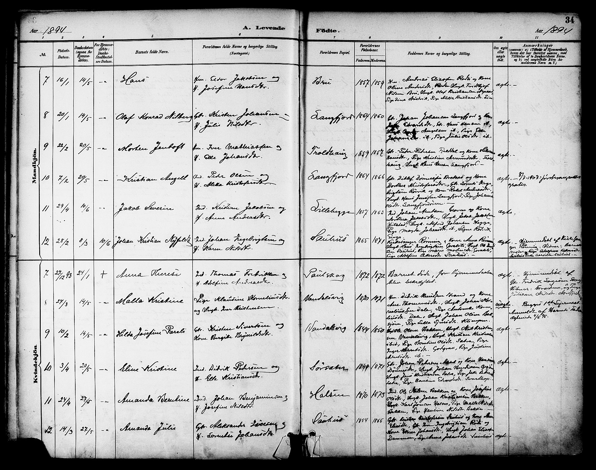 Ministerialprotokoller, klokkerbøker og fødselsregistre - Nordland, AV/SAT-A-1459/814/L0226: Parish register (official) no. 814A07, 1886-1898, p. 34