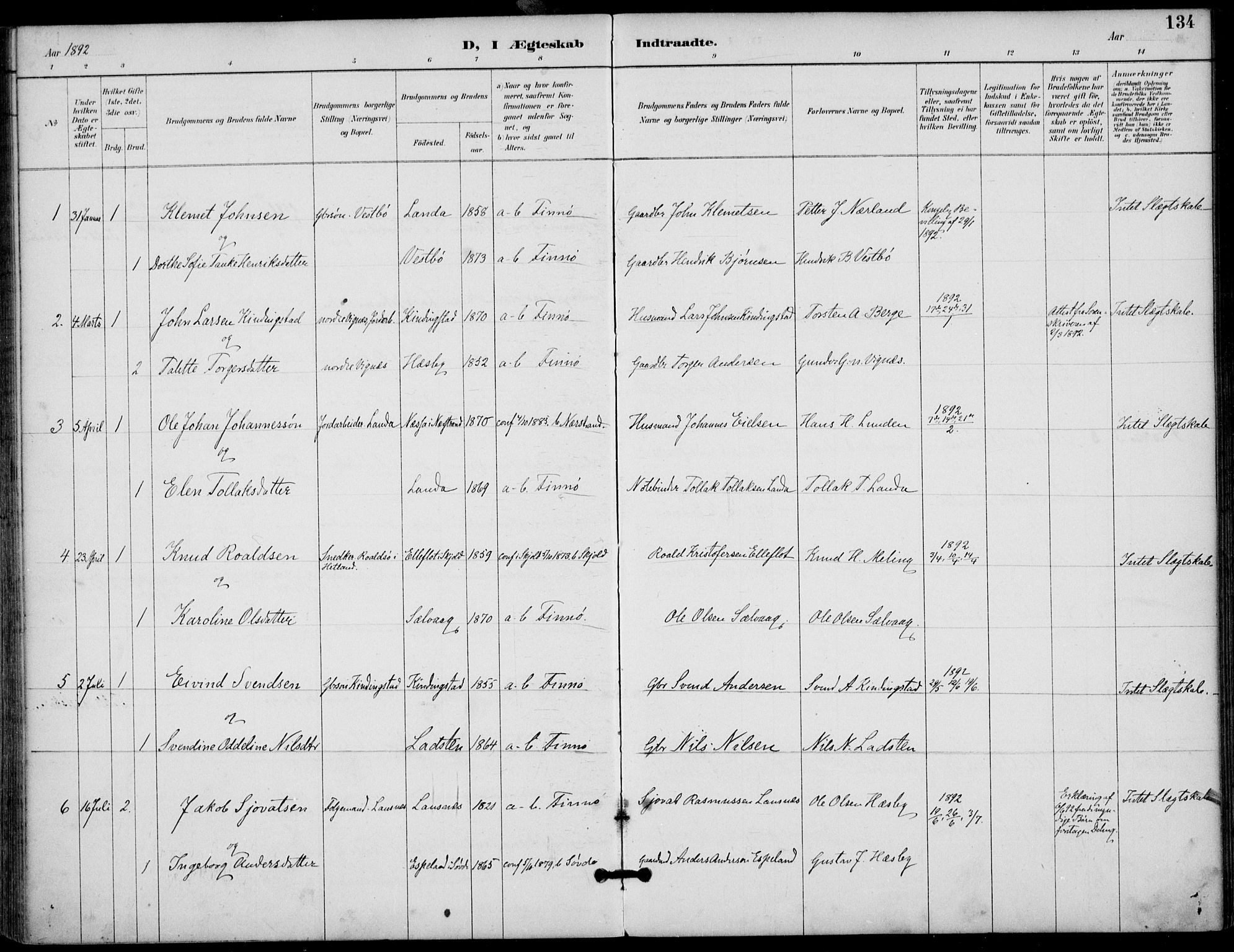 Finnøy sokneprestkontor, SAST/A-101825/H/Ha/Haa/L0011: Parish register (official) no. A 11, 1891-1910, p. 134