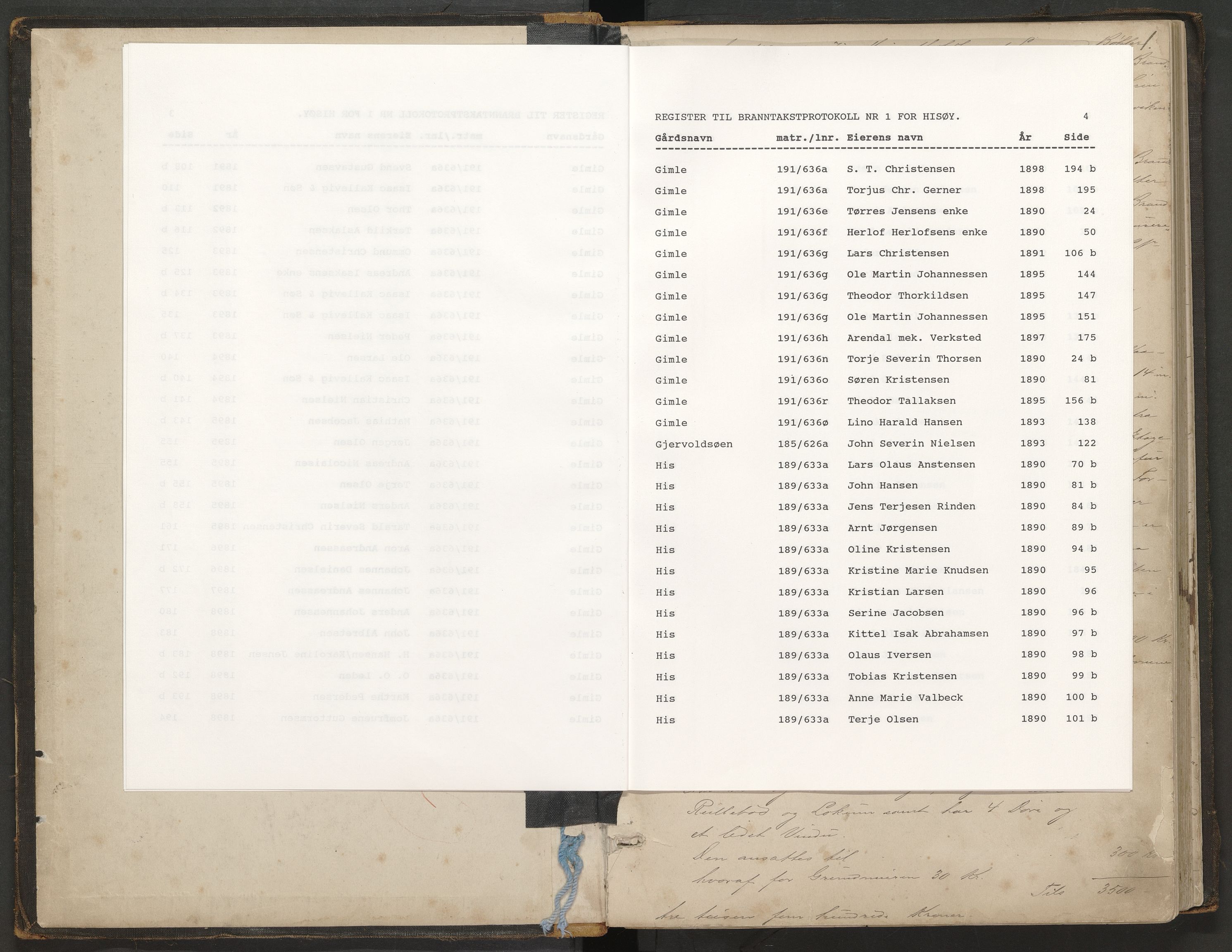 Norges Brannkasse Hisøy, AV/SAK-2241-0023/F/Fa/L0001: Branntakstprotokoll nr. 1 med gårdsnavnregister, 1890-1898