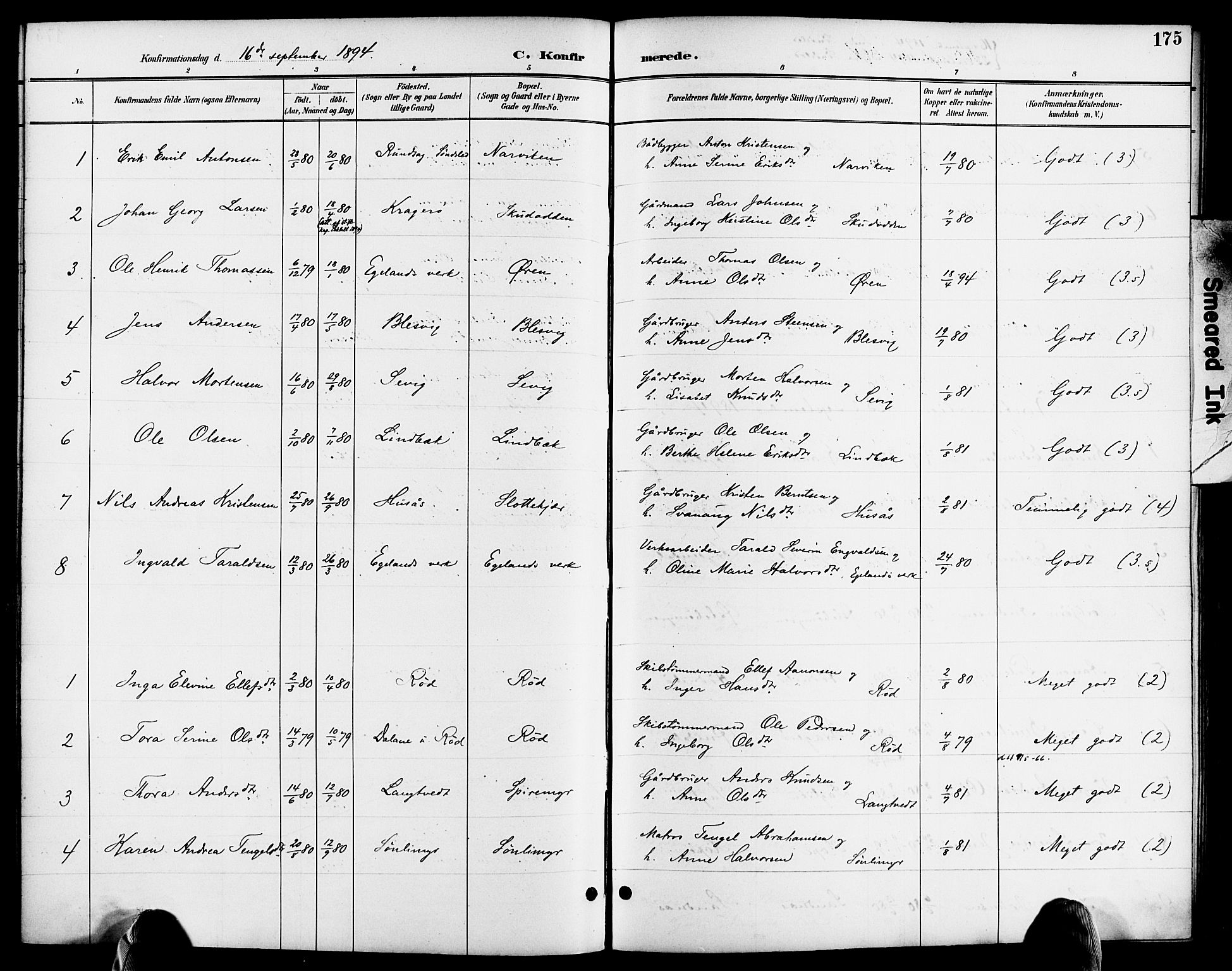 Søndeled sokneprestkontor, AV/SAK-1111-0038/F/Fa/L0005: Parish register (official) no. A 5, 1889-1899, p. 175