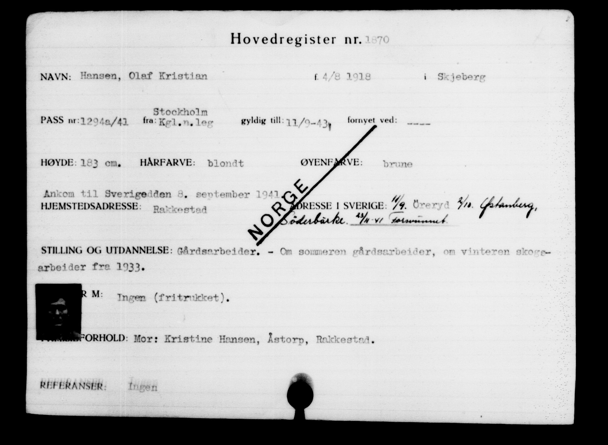 Den Kgl. Norske Legasjons Flyktningskontor, RA/S-6753/V/Va/L0002: Kjesäterkartoteket.  Flyktningenr. 1001-2000, 1940-1945, p. 1238