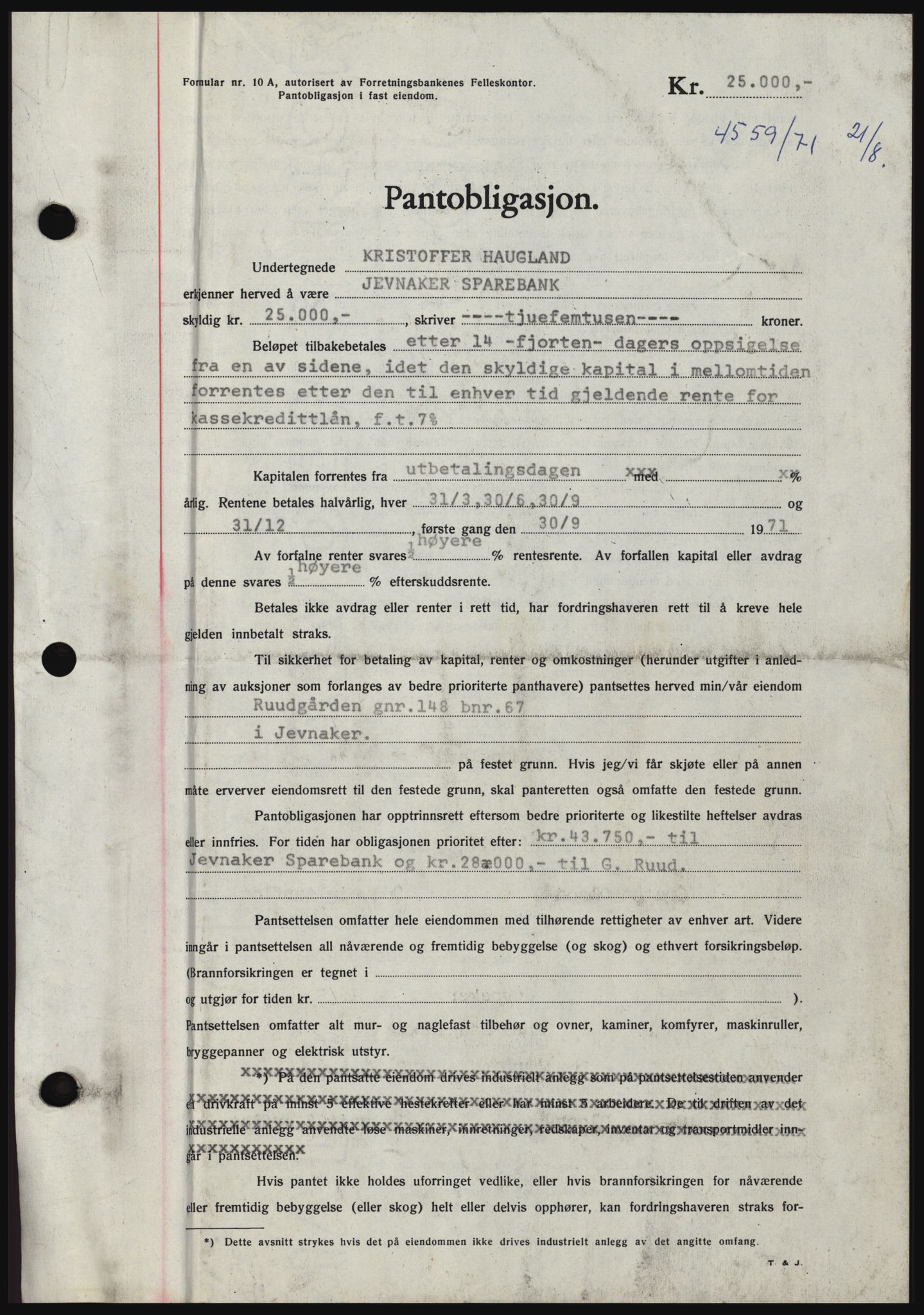 Hadeland og Land tingrett, AV/SAH-TING-010/H/Hb/Hbc/L0082: Mortgage book no. B82, 1971-1971, Diary no: : 4559/1971