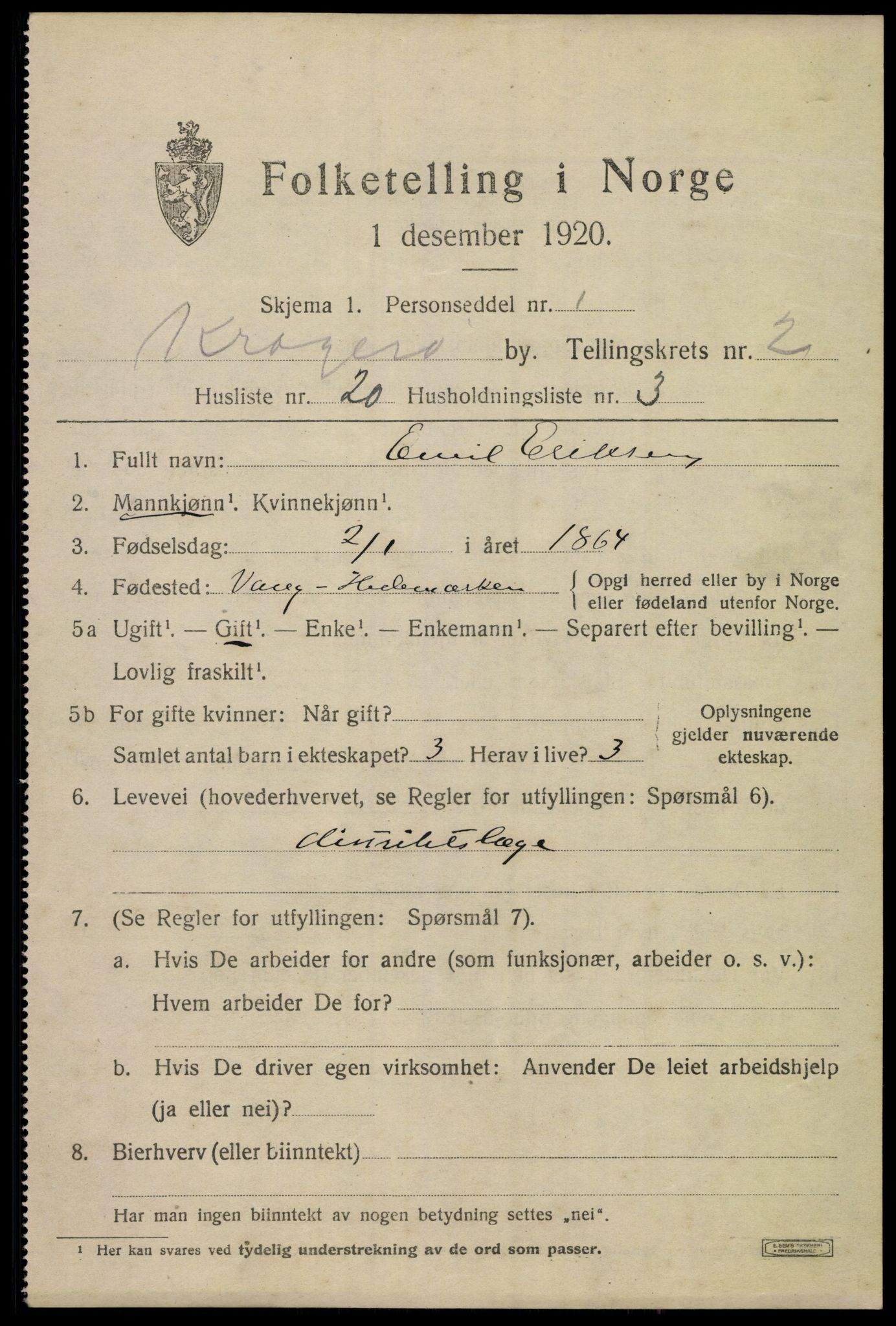 SAKO, 1920 census for Kragerø, 1920, p. 5607