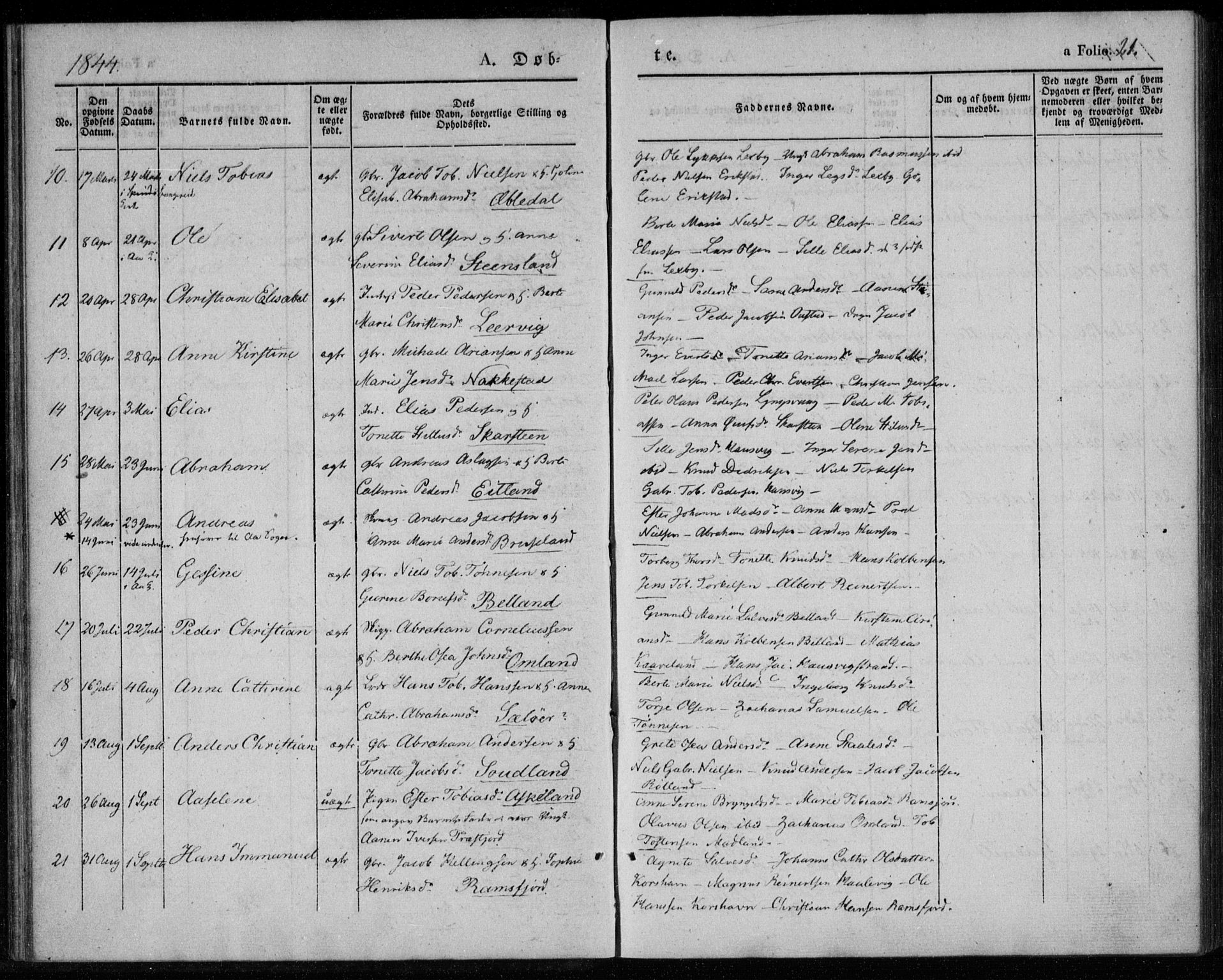 Lyngdal sokneprestkontor, AV/SAK-1111-0029/F/Fa/Faa/L0001: Parish register (official) no. A 1, 1837-1857, p. 21