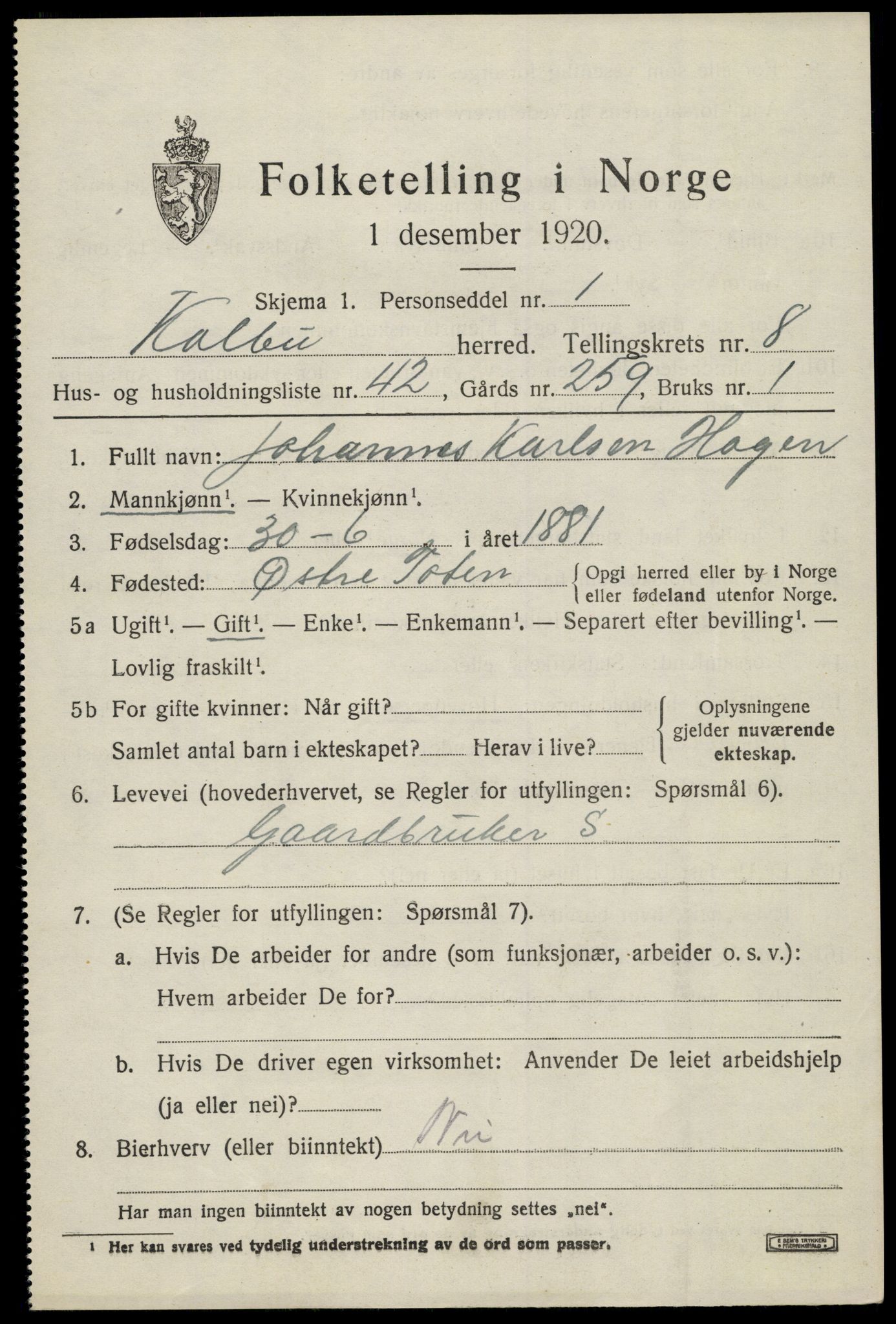 SAH, 1920 census for Kolbu, 1920, p. 5958