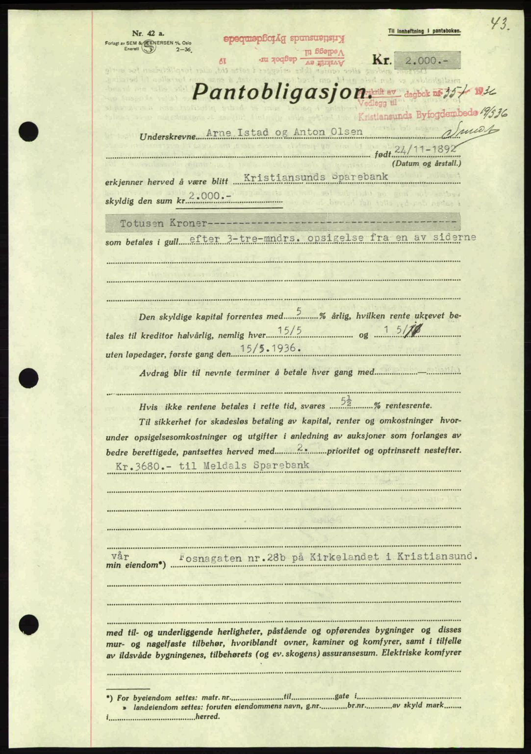 Kristiansund byfogd, AV/SAT-A-4587/A/27: Mortgage book no. 29, 1936-1937, Diary no: : 351/1936