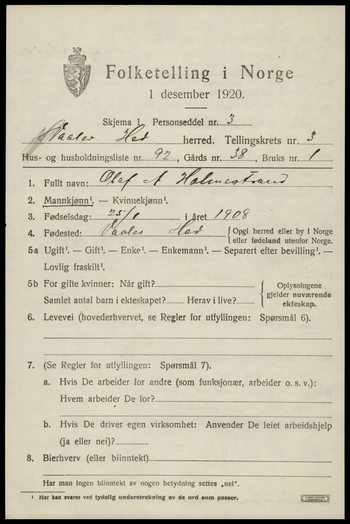 SAH, 1920 census for Våler (Hedmark), 1920, p. 4385