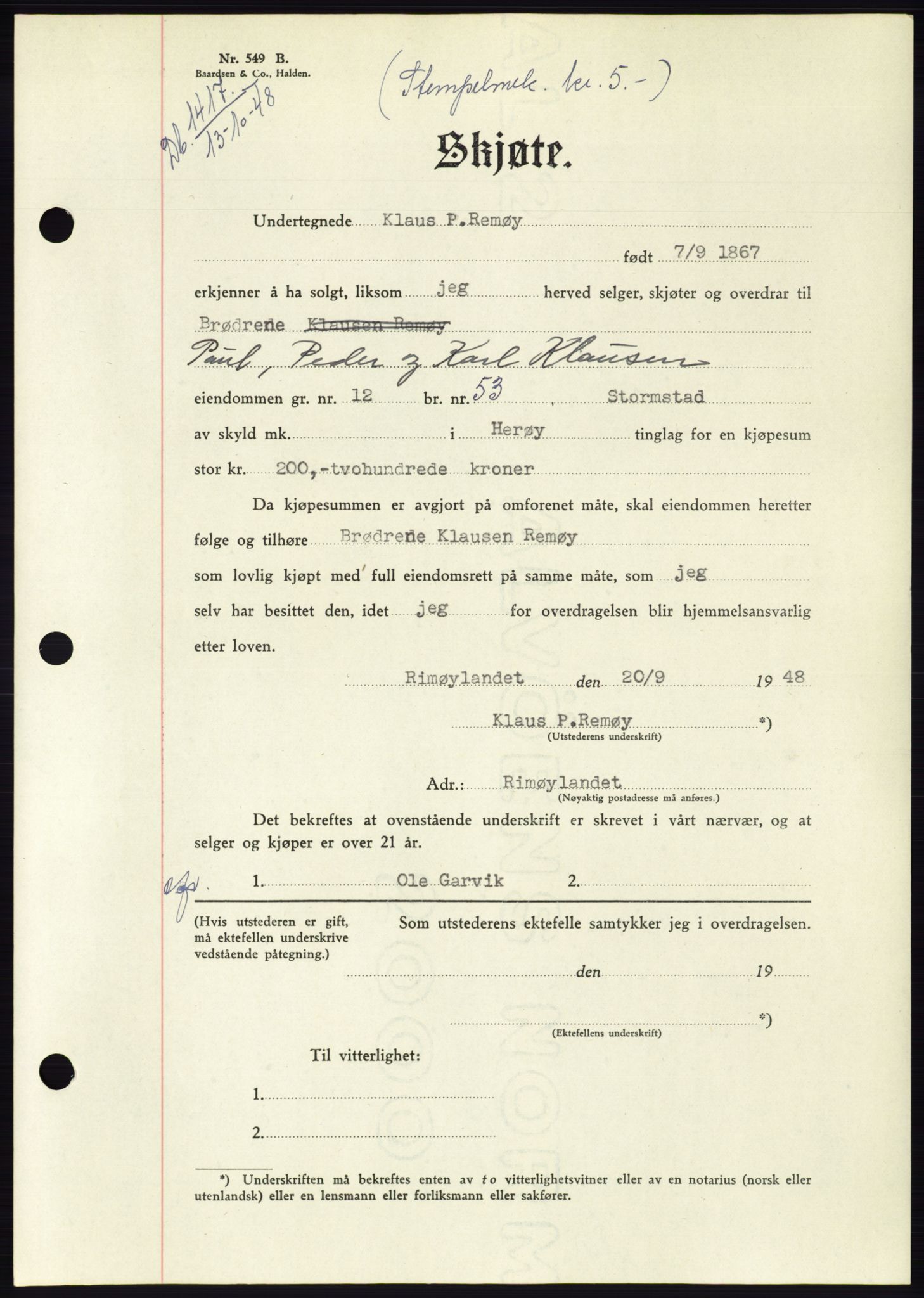 Søre Sunnmøre sorenskriveri, AV/SAT-A-4122/1/2/2C/L0083: Mortgage book no. 9A, 1948-1949, Diary no: : 1417/1948