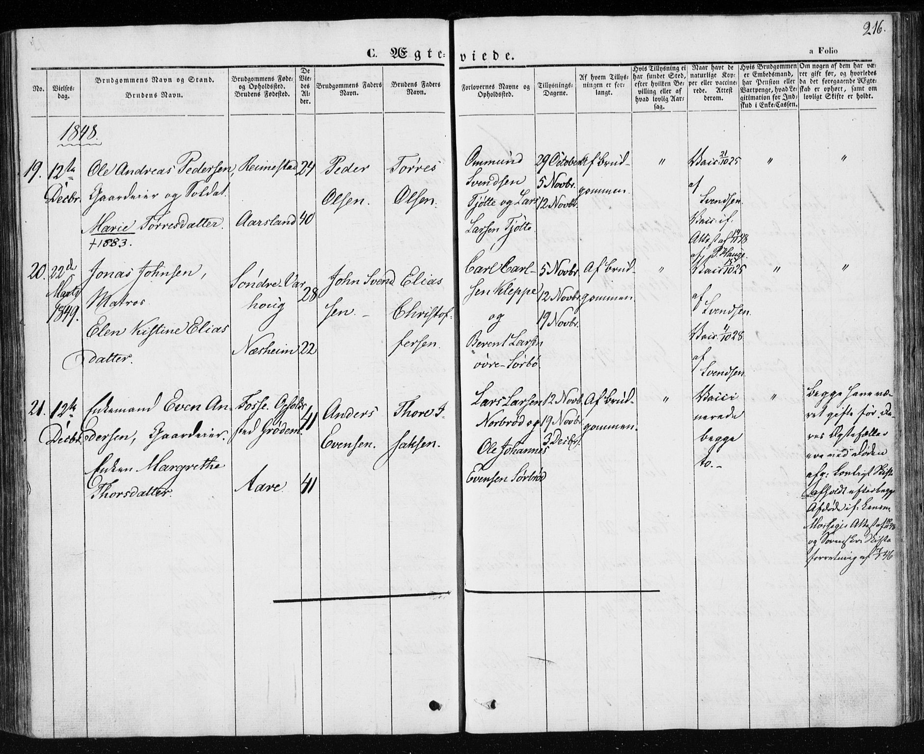 Klepp sokneprestkontor, SAST/A-101803/001/3/30BA/L0004: Parish register (official) no. A 4, 1842-1852, p. 216