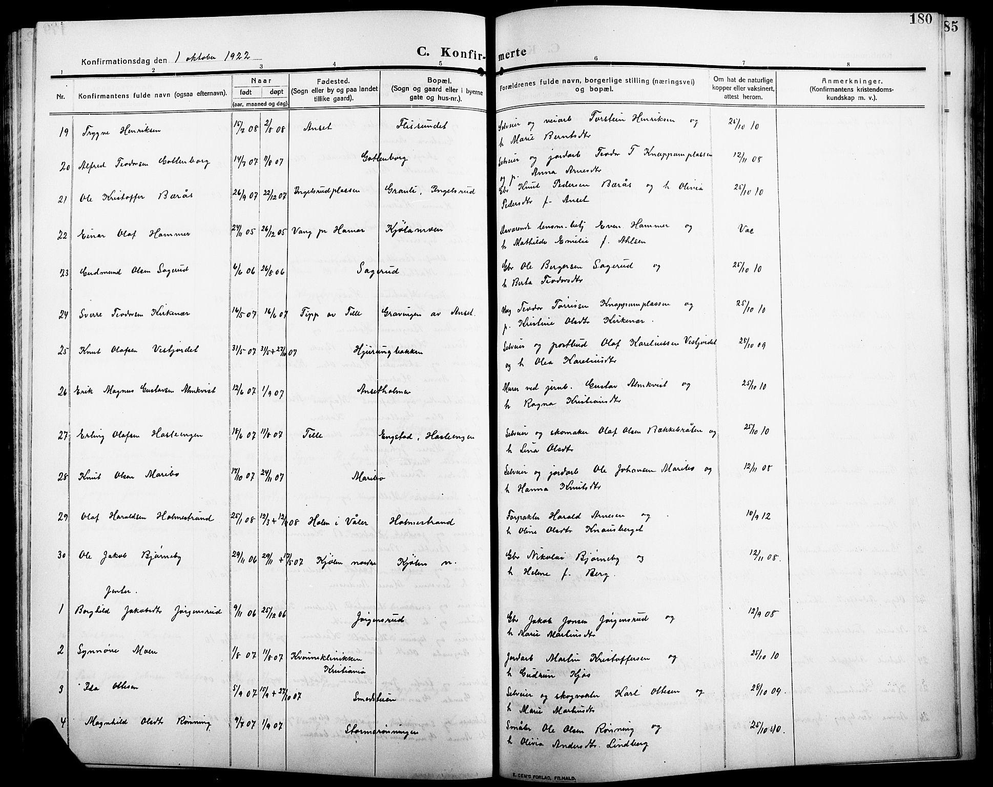 Åsnes prestekontor, SAH/PREST-042/H/Ha/Hab/L0007: Parish register (copy) no. 7, 1909-1926, p. 180
