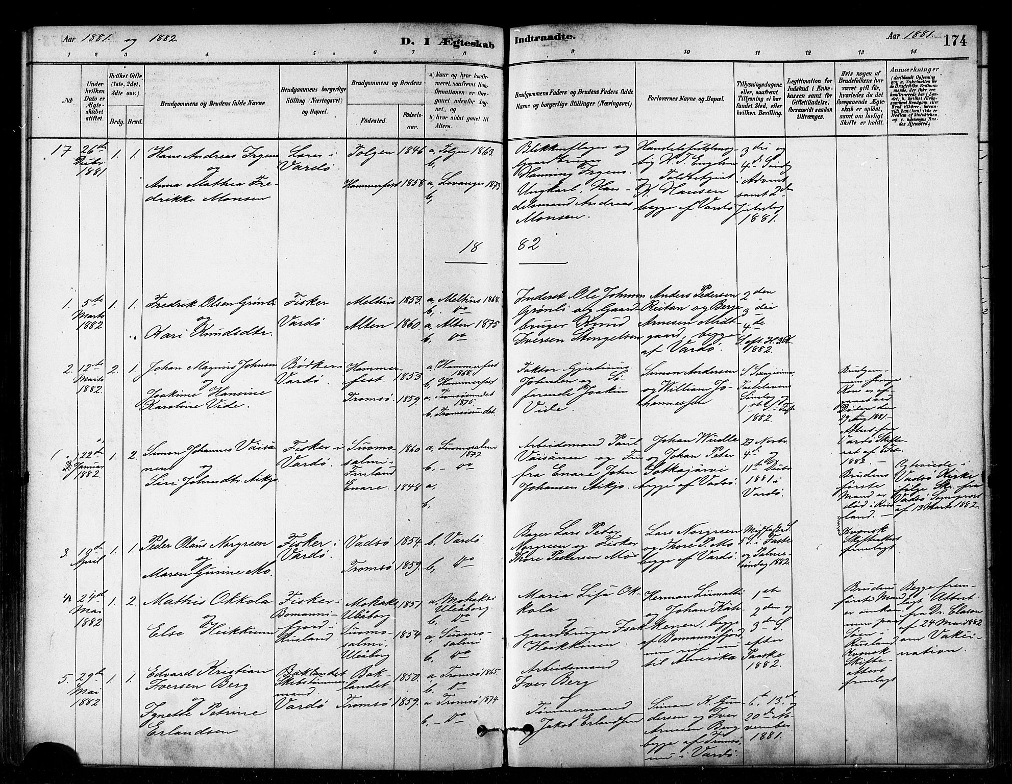 Vardø sokneprestkontor, SATØ/S-1332/H/Ha/L0006kirke: Parish register (official) no. 6, 1879-1886, p. 174