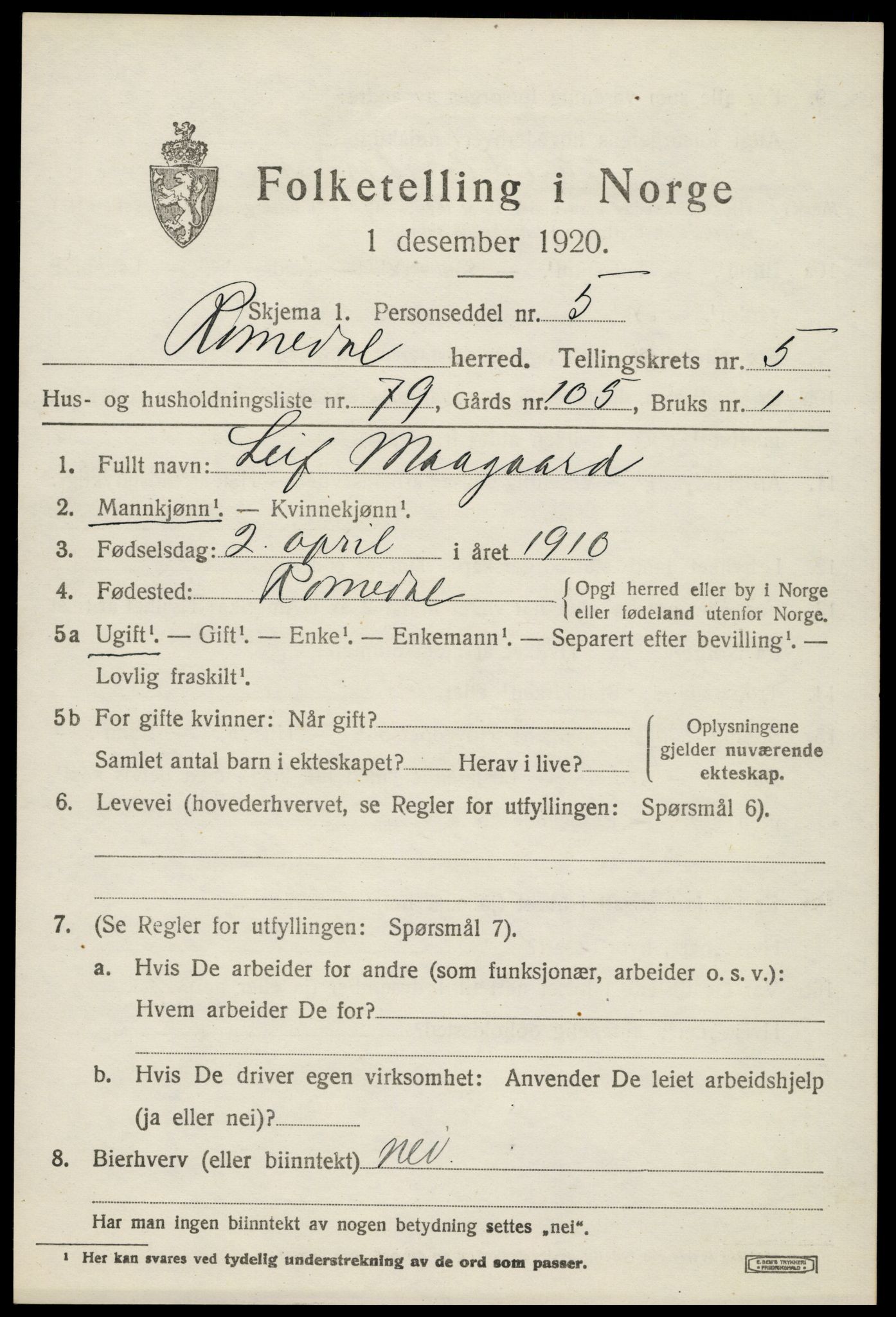 SAH, 1920 census for Romedal, 1920, p. 7753