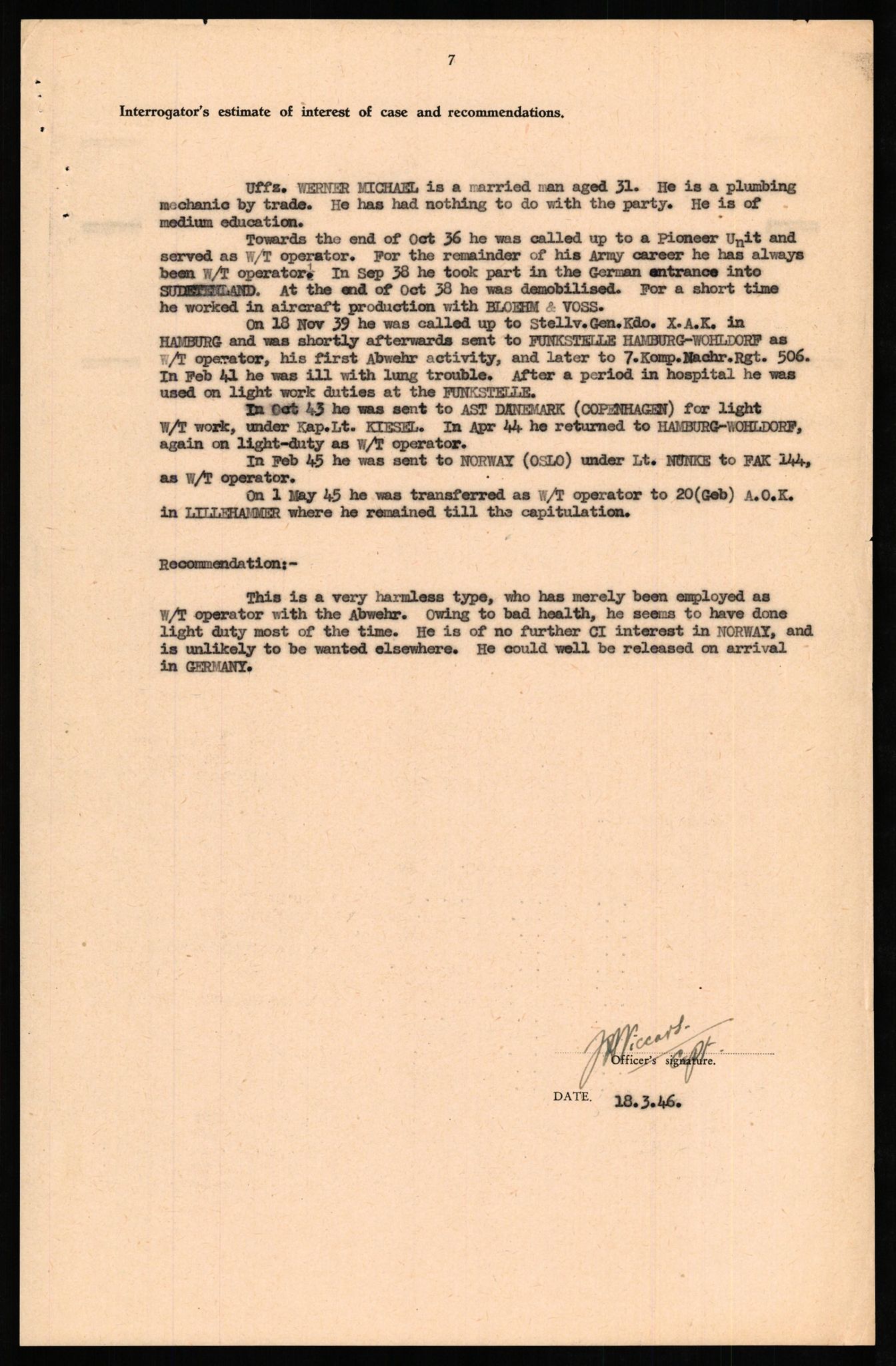 Forsvaret, Forsvarets overkommando II, RA/RAFA-3915/D/Db/L0022: CI Questionaires. Tyske okkupasjonsstyrker i Norge. Tyskere., 1945-1946, p. 145