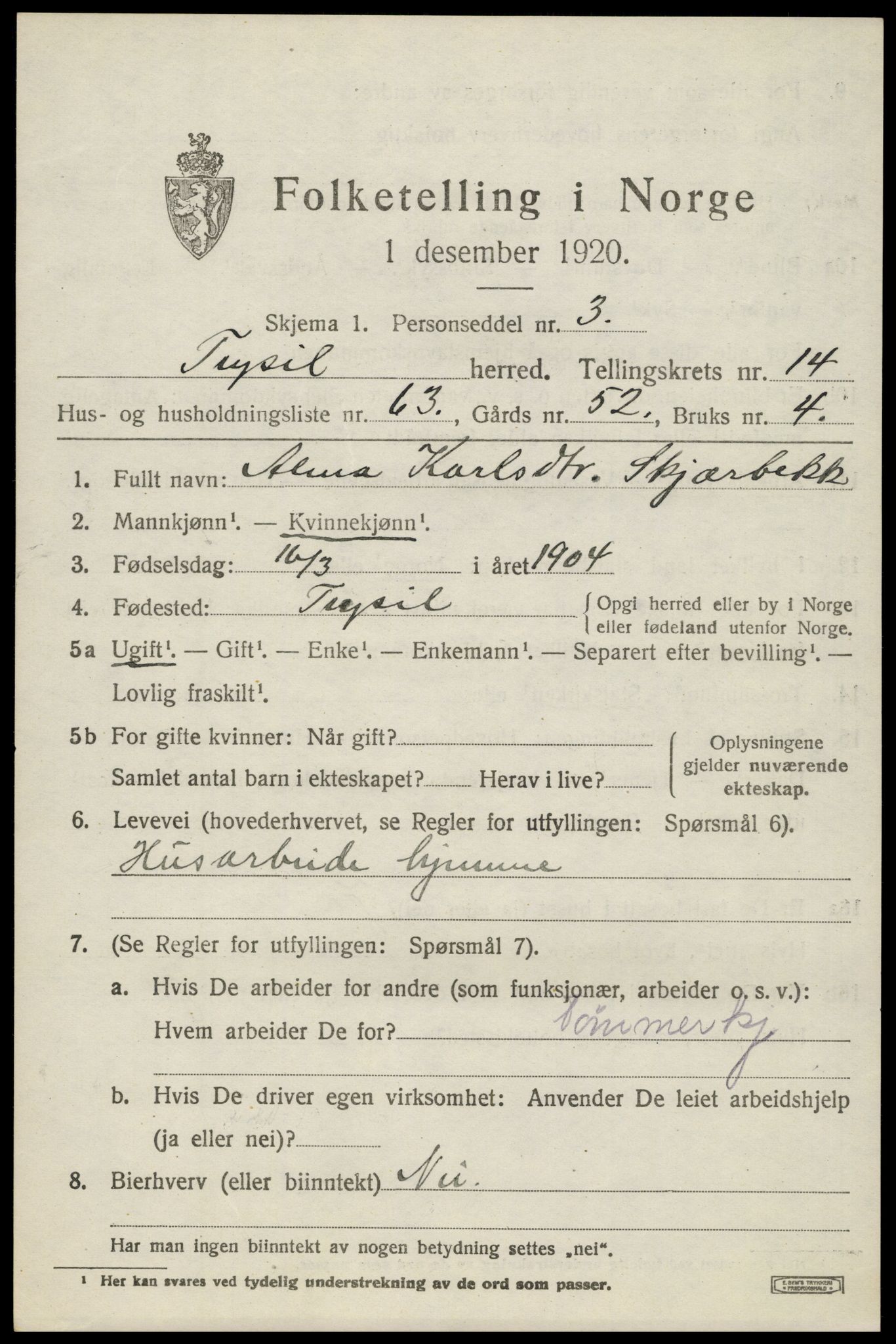 SAH, 1920 census for Trysil, 1920, p. 8693