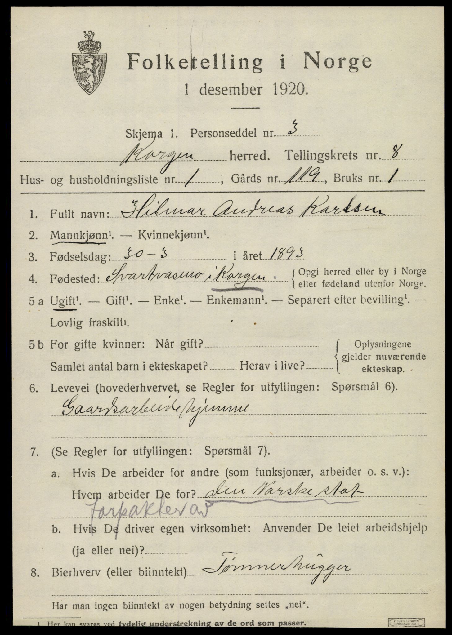 SAT, 1920 census for Korgen, 1920, p. 3046