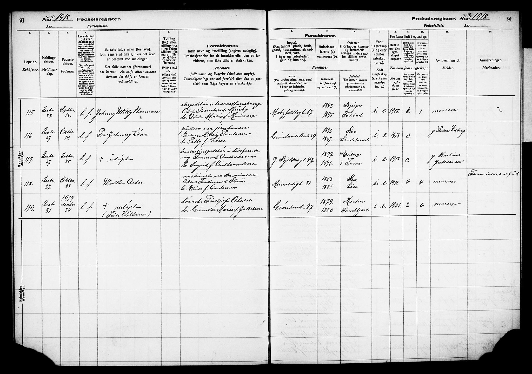 Grønland prestekontor Kirkebøker, AV/SAO-A-10848/J/Ja/L0001: Birth register no. 1, 1916-1922, p. 91