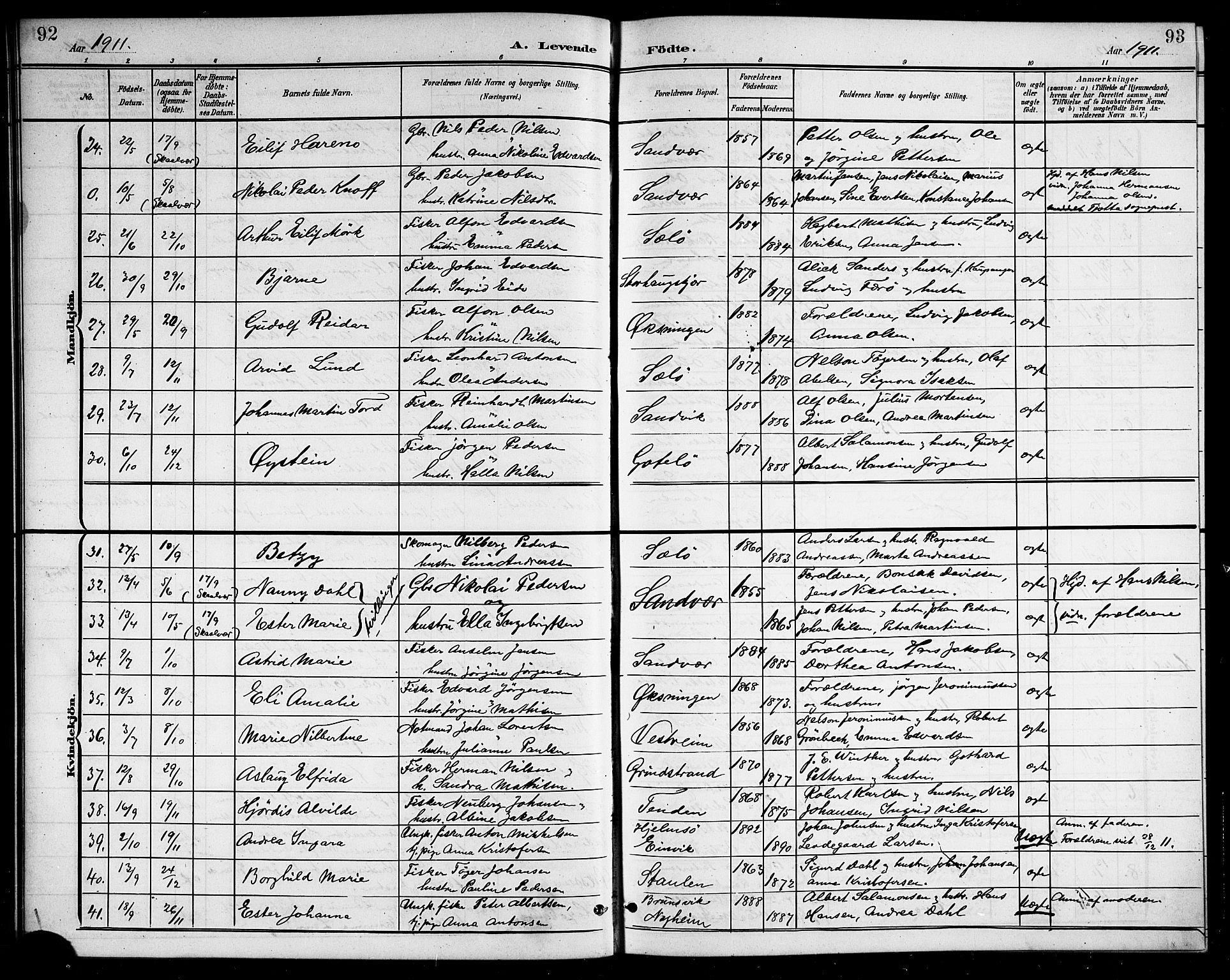 Ministerialprotokoller, klokkerbøker og fødselsregistre - Nordland, SAT/A-1459/834/L0516: Parish register (copy) no. 834C06, 1902-1918, p. 92-93