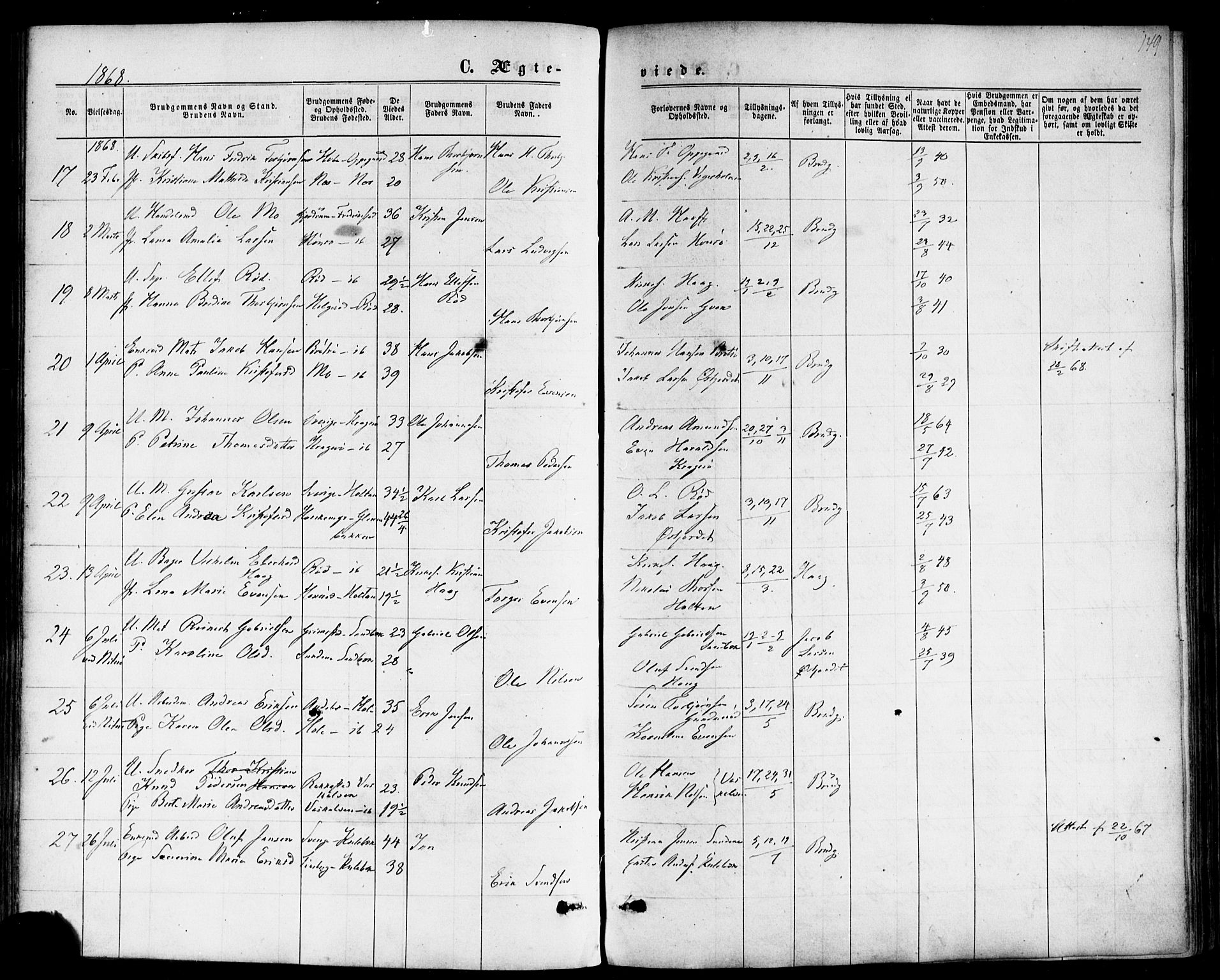 Nøtterøy kirkebøker, AV/SAKO-A-354/F/Fb/L0001: Parish register (official) no. II 1, 1865-1878, p. 149