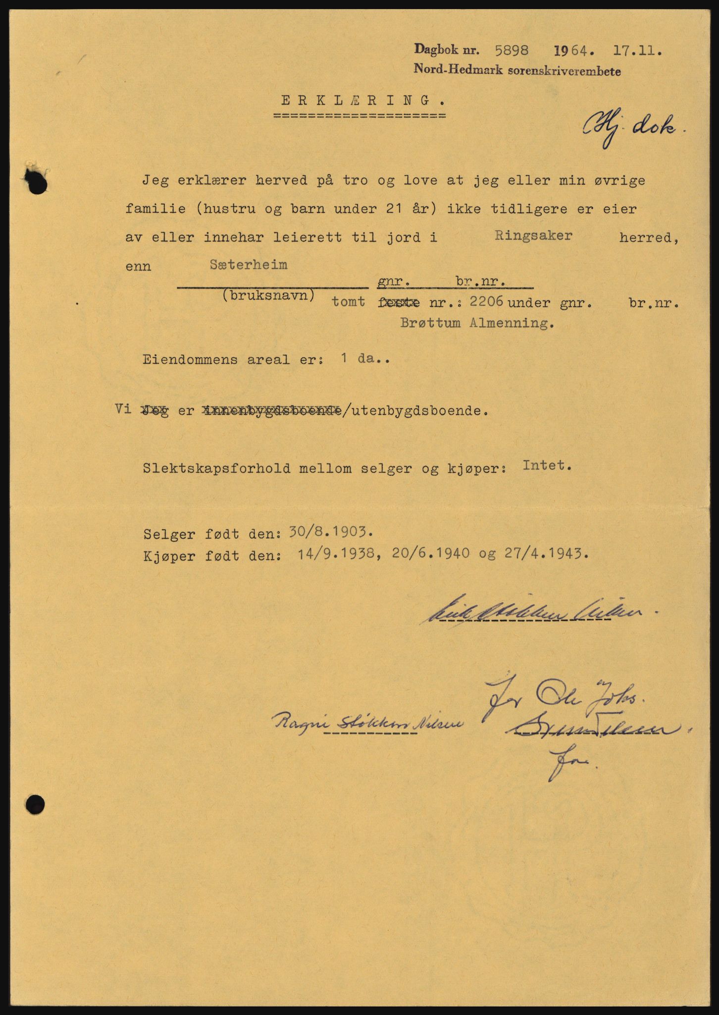 Nord-Hedmark sorenskriveri, SAH/TING-012/H/Hc/L0020: Mortgage book no. 20, 1964-1964, Diary no: : 5898/1964