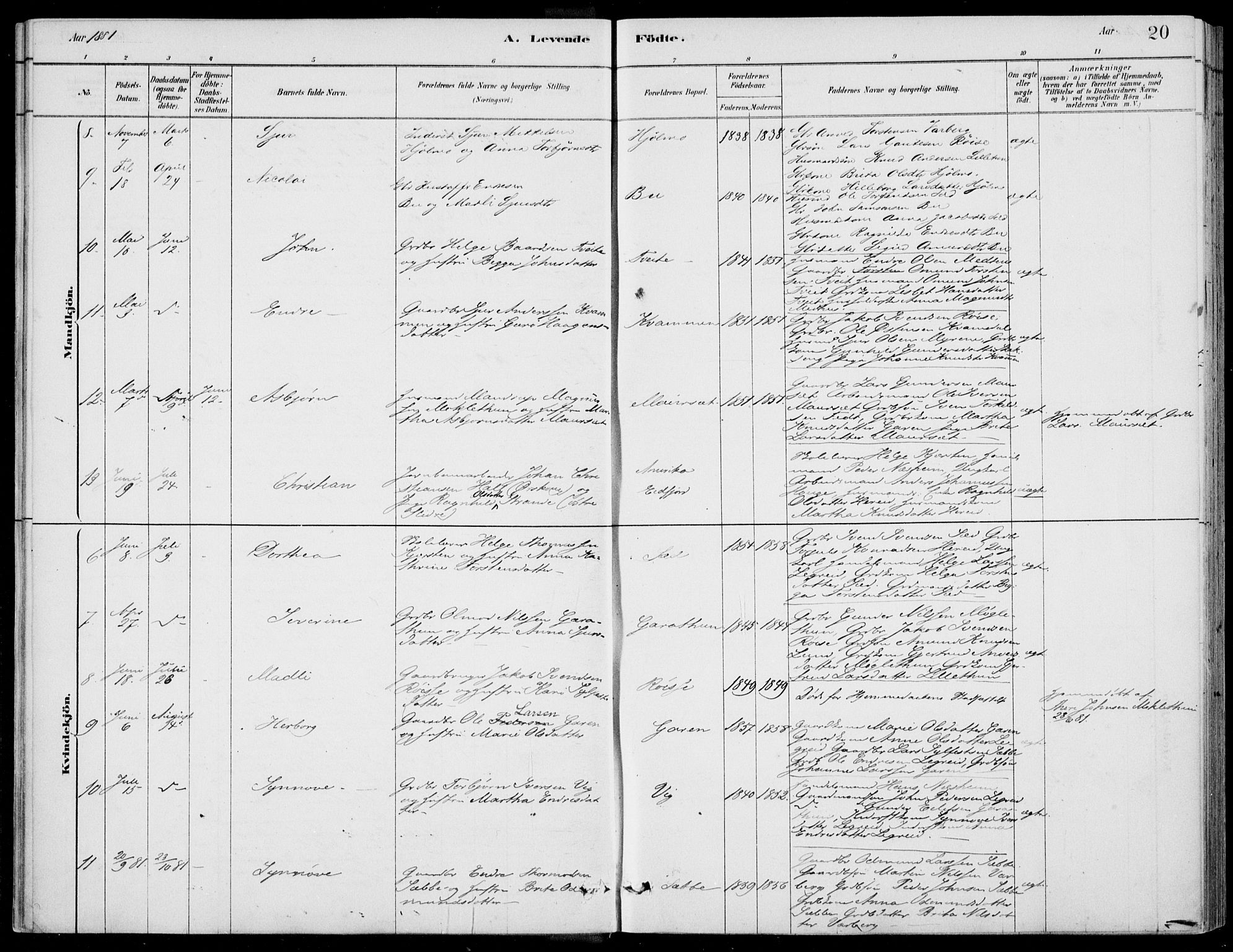 Ulvik sokneprestembete, AV/SAB-A-78801/H/Haa: Parish register (official) no. D  1, 1878-1903, p. 20