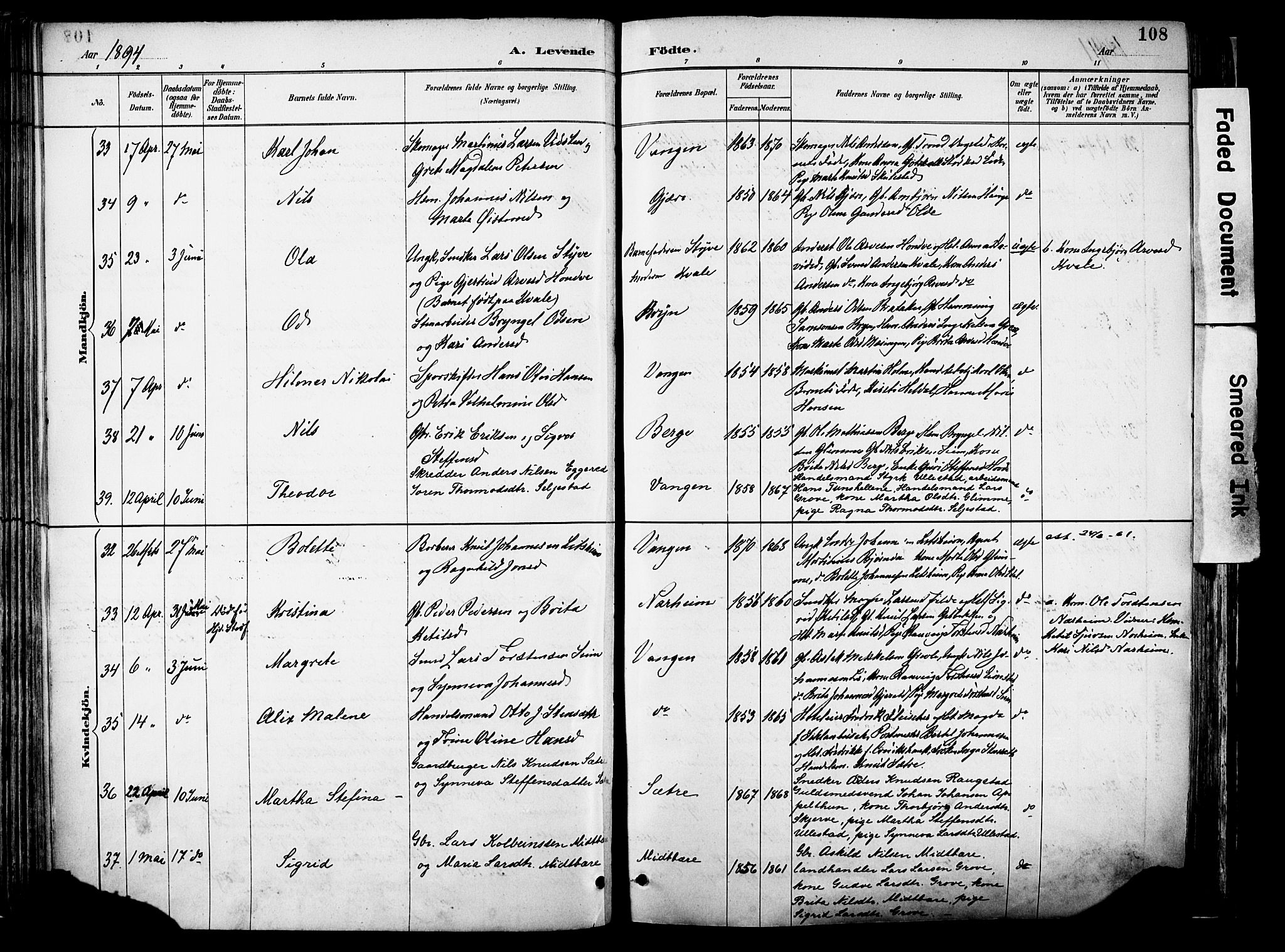 Voss sokneprestembete, SAB/A-79001/H/Haa: Parish register (official) no. A 21, 1887-1903, p. 108