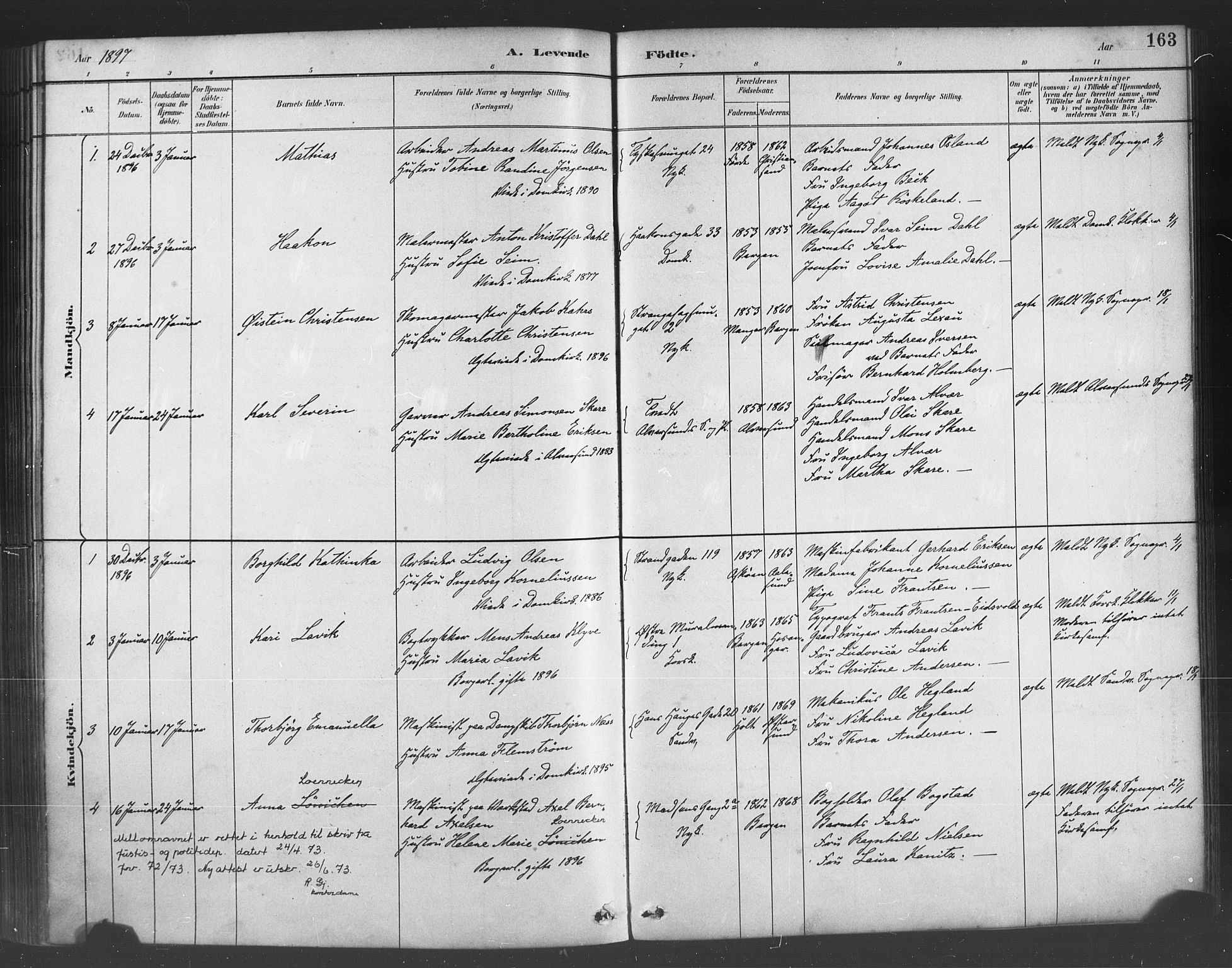 Fødselsstiftelsens sokneprestembete*, SAB/-: Parish register (official) no. A 2, 1884-1900, p. 163