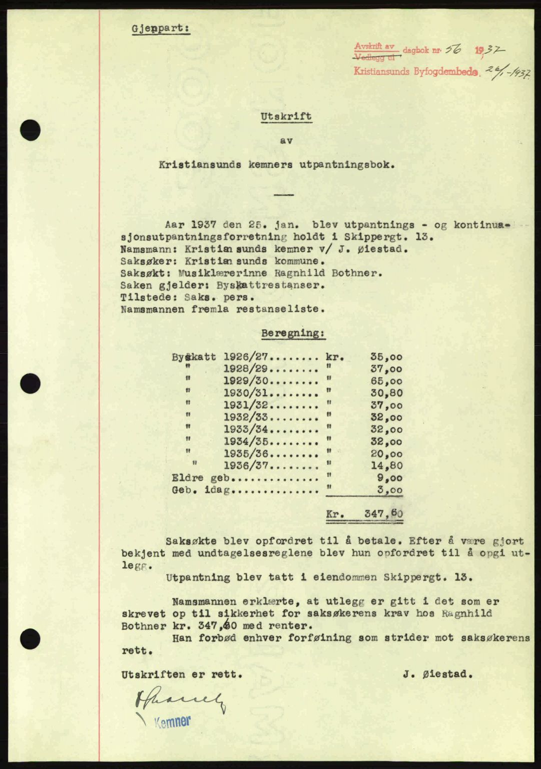 Kristiansund byfogd, AV/SAT-A-4587/A/27: Mortgage book no. 29, 1936-1937, Diary no: : 56/1937