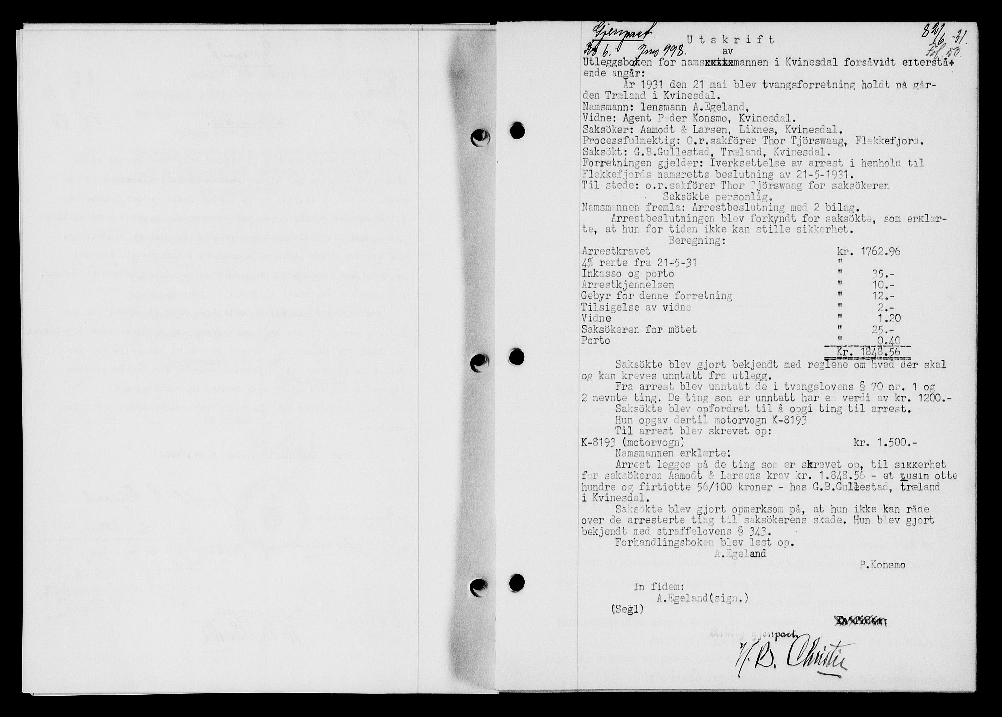 Flekkefjord sorenskriveri, AV/SAK-1221-0001/G/Gb/Gba/L0046: Mortgage book no. 44, 1930-1931, Deed date: 02.06.1931