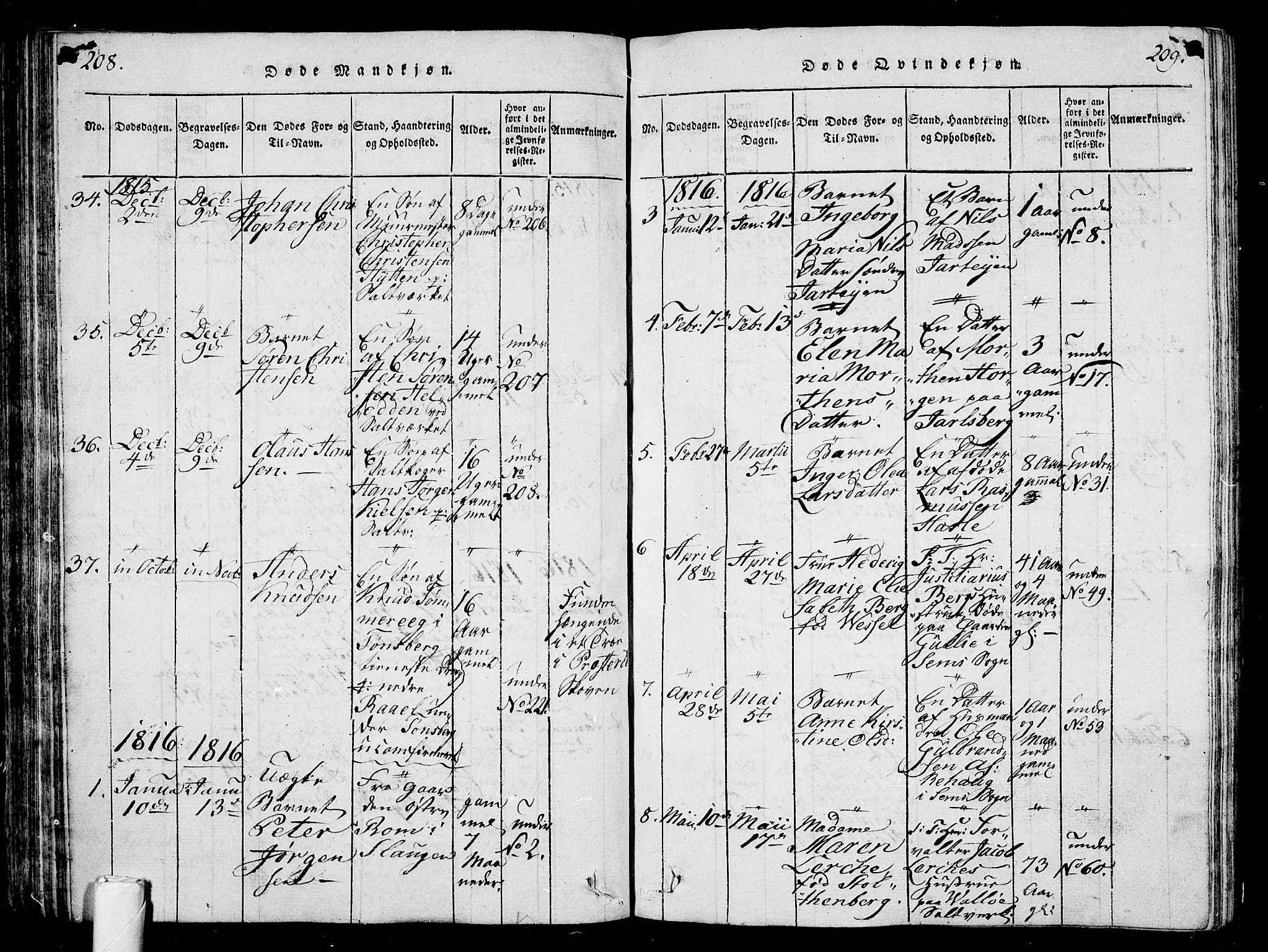 Sem kirkebøker, AV/SAKO-A-5/G/Ga/L0001: Parish register (copy) no. I 1, 1814-1825, p. 208-209