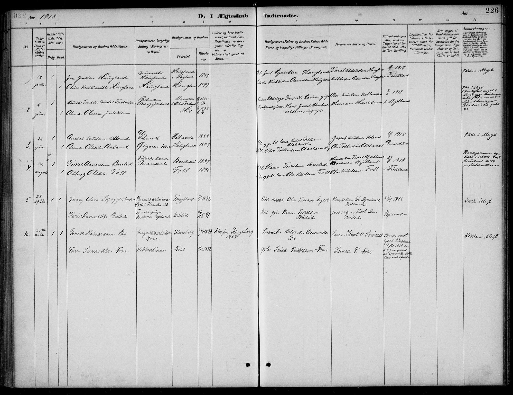 Bjelland sokneprestkontor, SAK/1111-0005/F/Fb/Fba/L0005: Parish register (copy) no. B 5, 1887-1923, p. 226