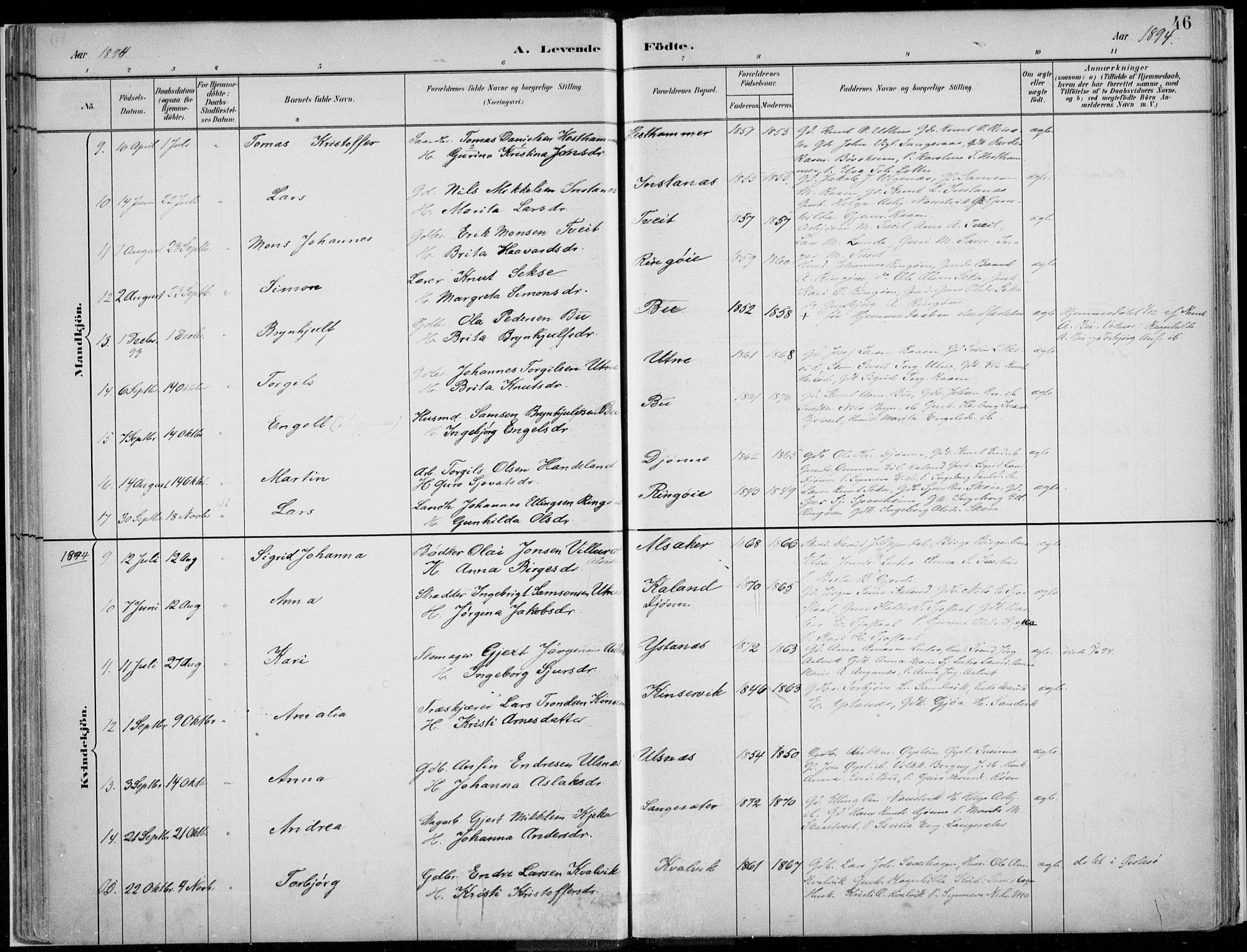 Ullensvang sokneprestembete, SAB/A-78701/H/Haa: Parish register (official) no. E  1, 1882-1921, p. 46