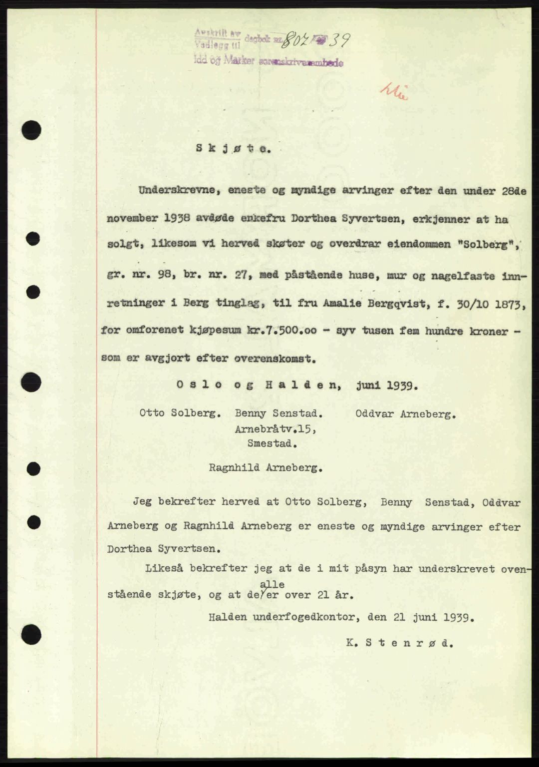 Idd og Marker sorenskriveri, AV/SAO-A-10283/G/Gb/Gbb/L0003: Mortgage book no. A3, 1938-1939, Diary no: : 807/1939