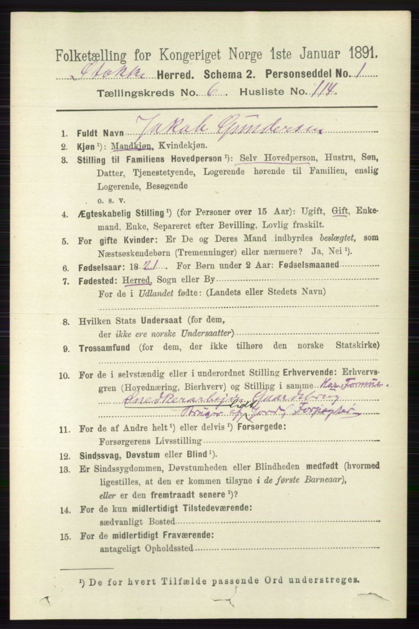 RA, 1891 census for 0720 Stokke, 1891, p. 4500