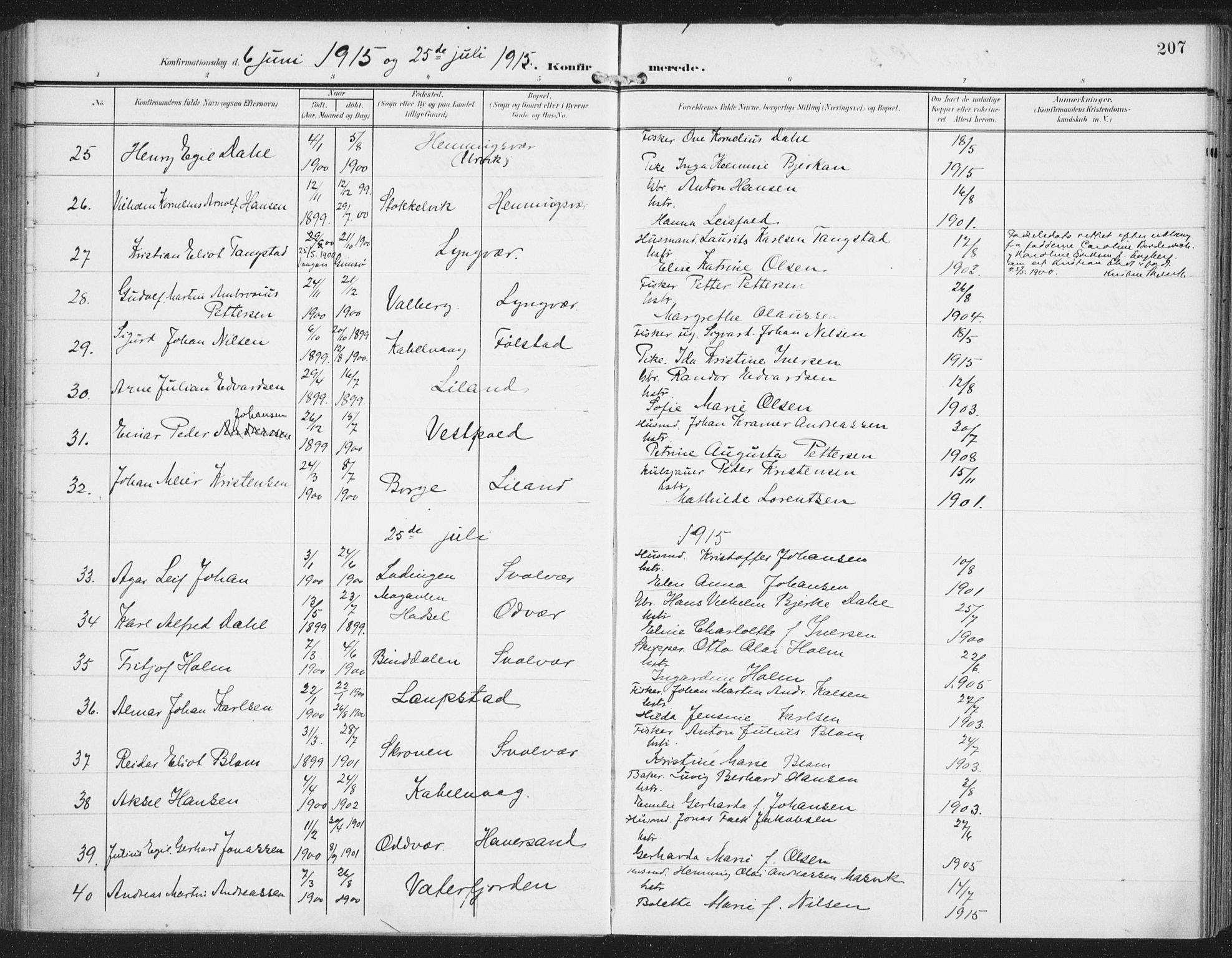 Ministerialprotokoller, klokkerbøker og fødselsregistre - Nordland, AV/SAT-A-1459/874/L1063: Parish register (official) no. 874A07, 1907-1915, p. 207