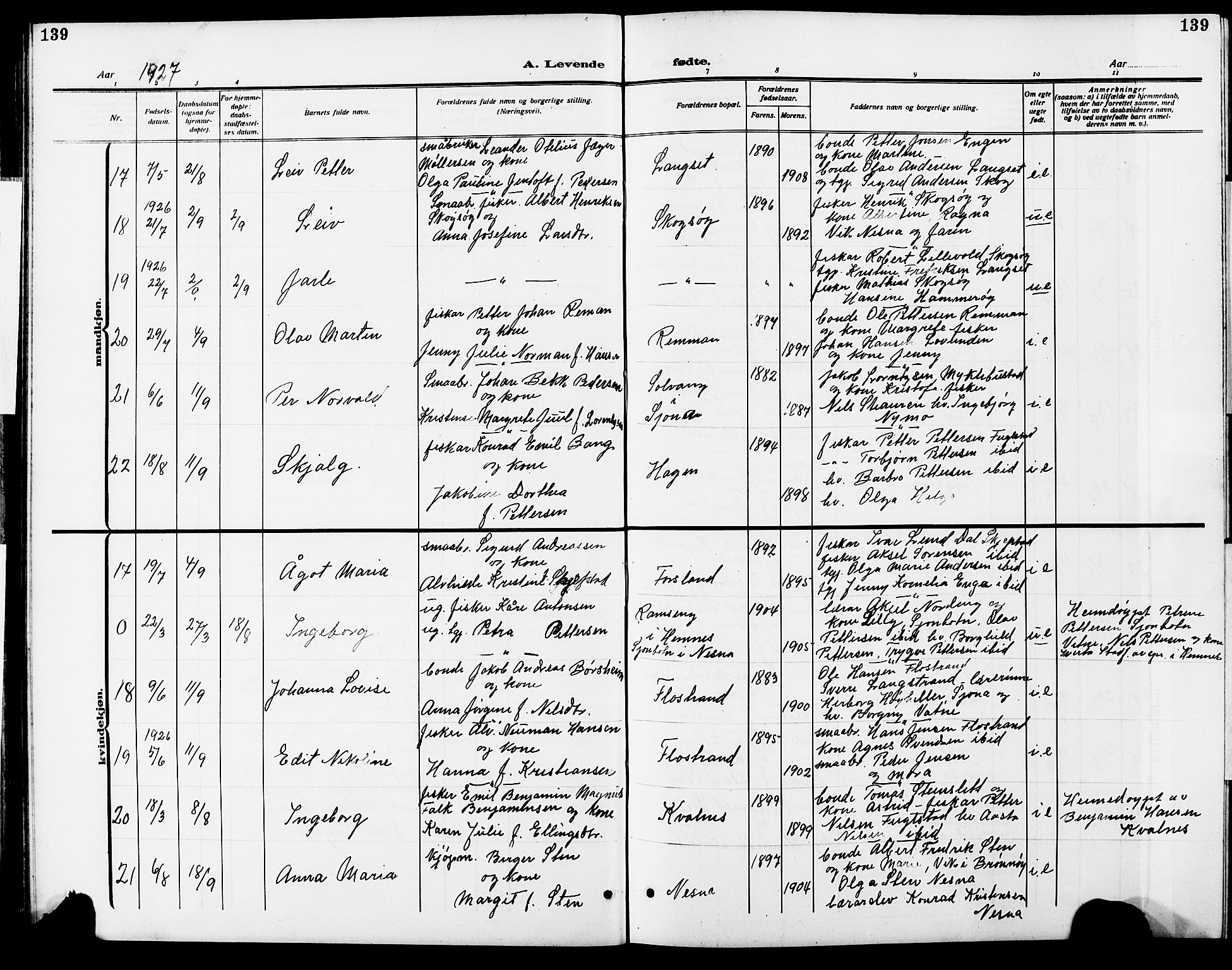 Ministerialprotokoller, klokkerbøker og fødselsregistre - Nordland, AV/SAT-A-1459/838/L0560: Parish register (copy) no. 838C07, 1910-1928, p. 139