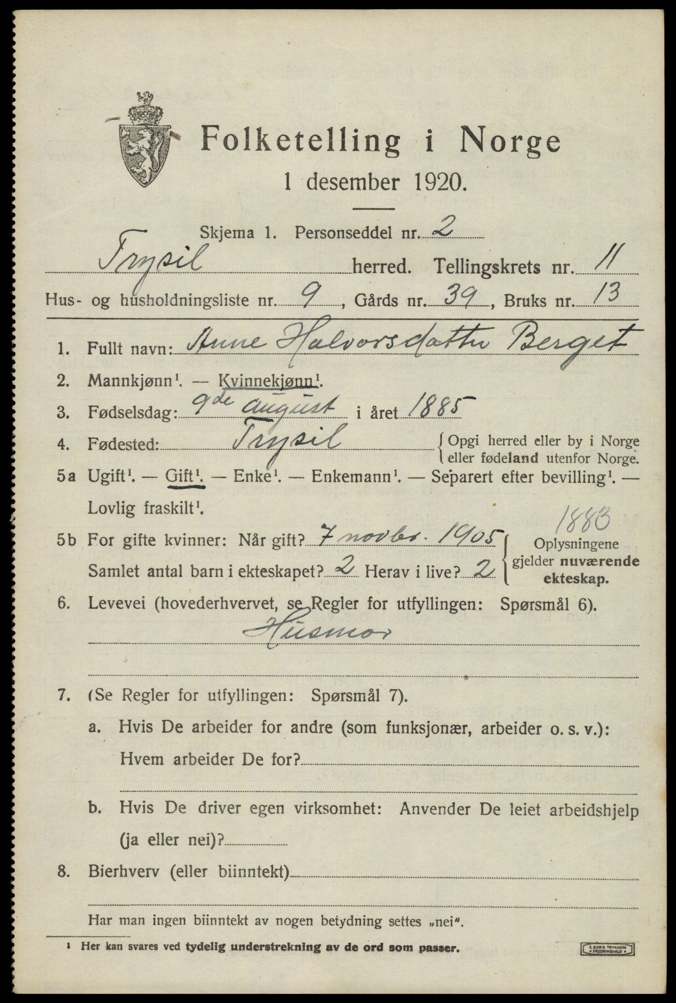 SAH, 1920 census for Trysil, 1920, p. 7057