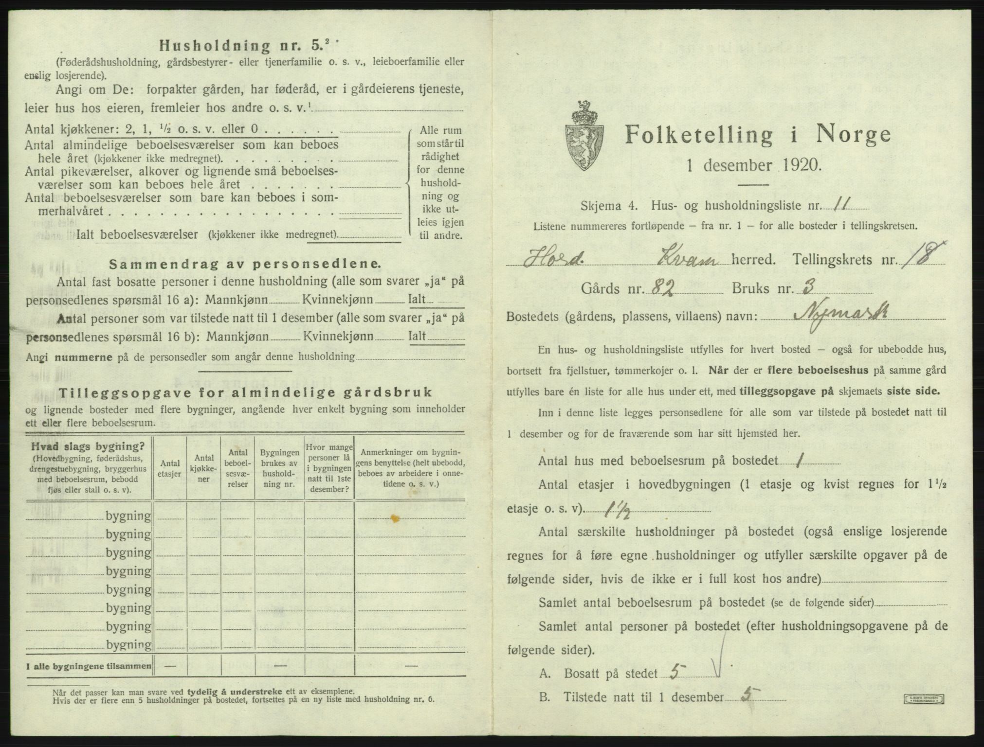 SAB, 1920 census for Kvam, 1920, p. 1425