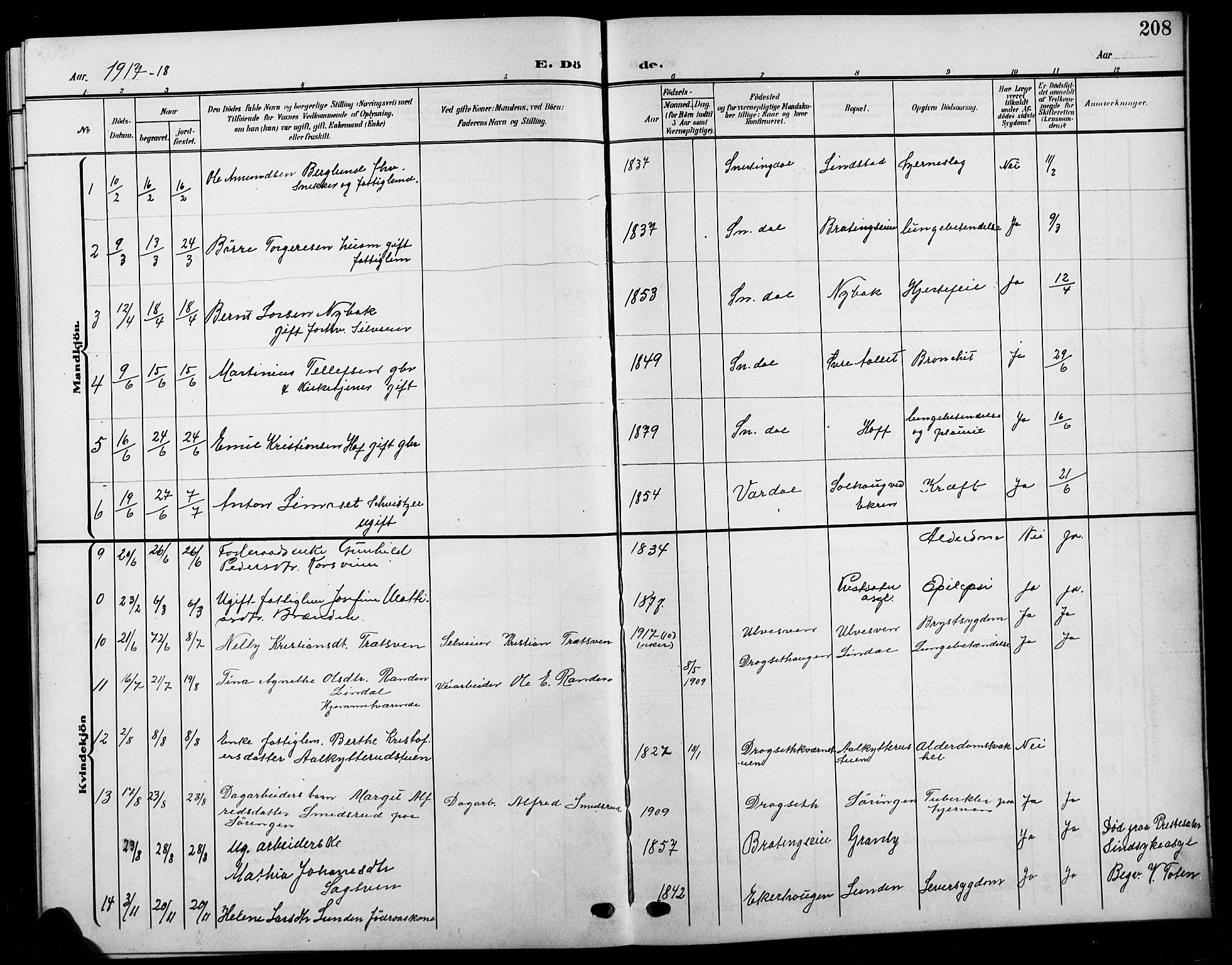 Biri prestekontor, SAH/PREST-096/H/Ha/Hab/L0005: Parish register (copy) no. 5, 1906-1919, p. 208